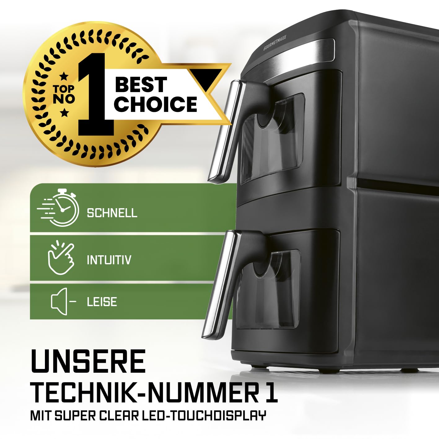 GOURMETmaxx Digitale Heißluftfritteuse 12 L, XXL-Edelstahl-Ofen | Airfryer + Timer, Touchdisplay, Drehspieß | fettarm, energiesparend frittieren | 10 Programme inkl. Pizza | 1800 W