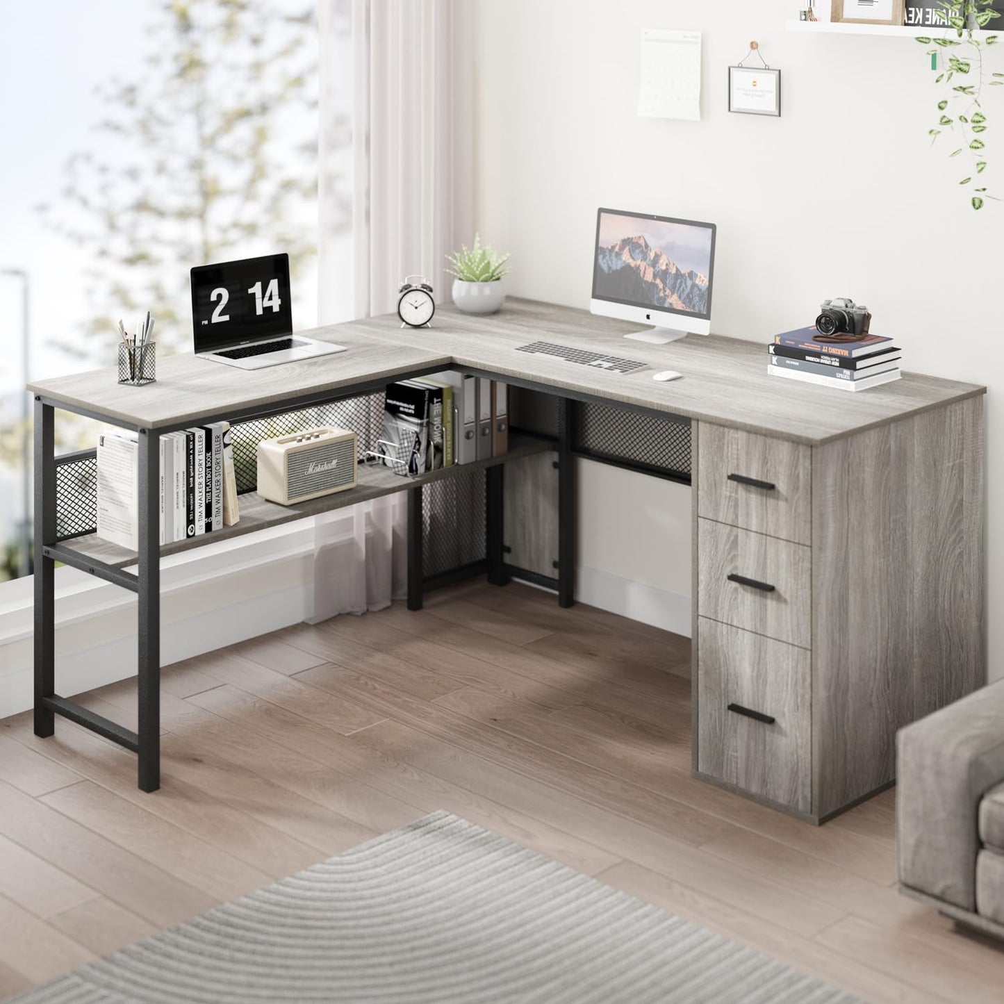 LVB White L Shaped Corner Desk with Drawers, Reversible Modern L Shaped Computer Desk with Storage Cabinets, Large L Shaped Wooden L Shaped Desk Metal L Shape