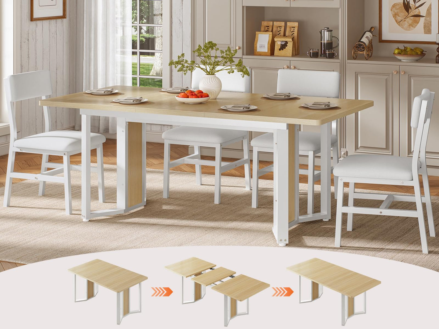Itaar 5-Piece Dining Table Set for 4-6 People, 63" Extendable Kitchen Table and 4 Cushion Chairs, Dining Room Table with MDF Board & Metal Frame for Small Space, Easy Clean, Brown