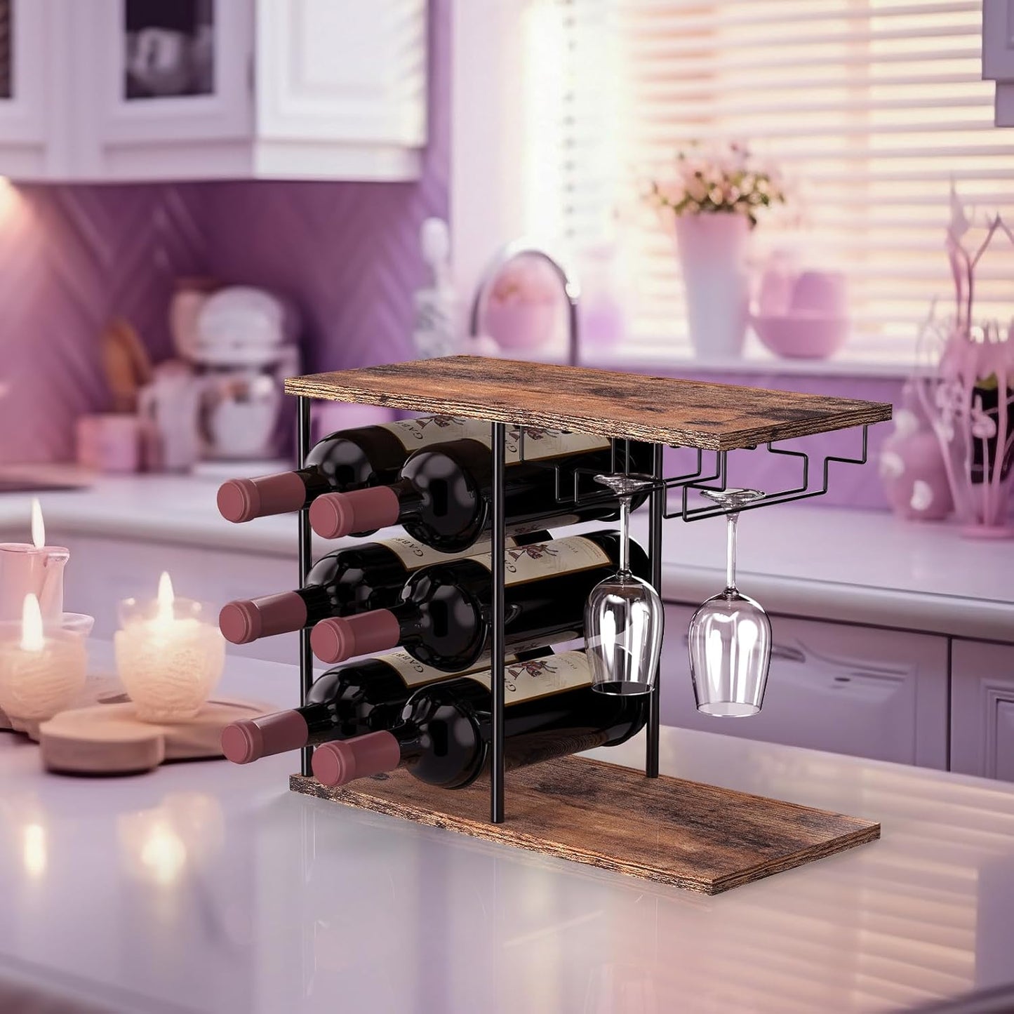 Wine Rack for 6 Bottles, Bottle Rack with 3 Shelves, Vintage Metal Wine Stand with Glass Holder, Bottle Holder, Freestanding Bottle Rack for Kitchen, Bar, Dining Room, Living Room, Vintage Brown/Black