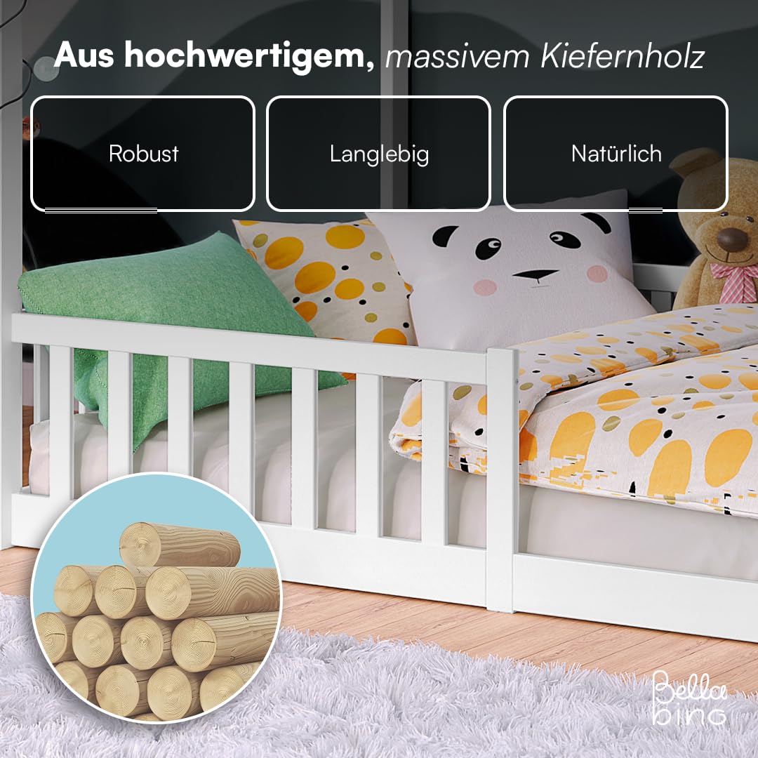 Bellabino Bia Children’s Bed, 90 x 200 cm, Children’s House Bed incl. Fall Protection and Rolled Slatted Frame, Montessori Floor Bed, White, Solid Pine Wood