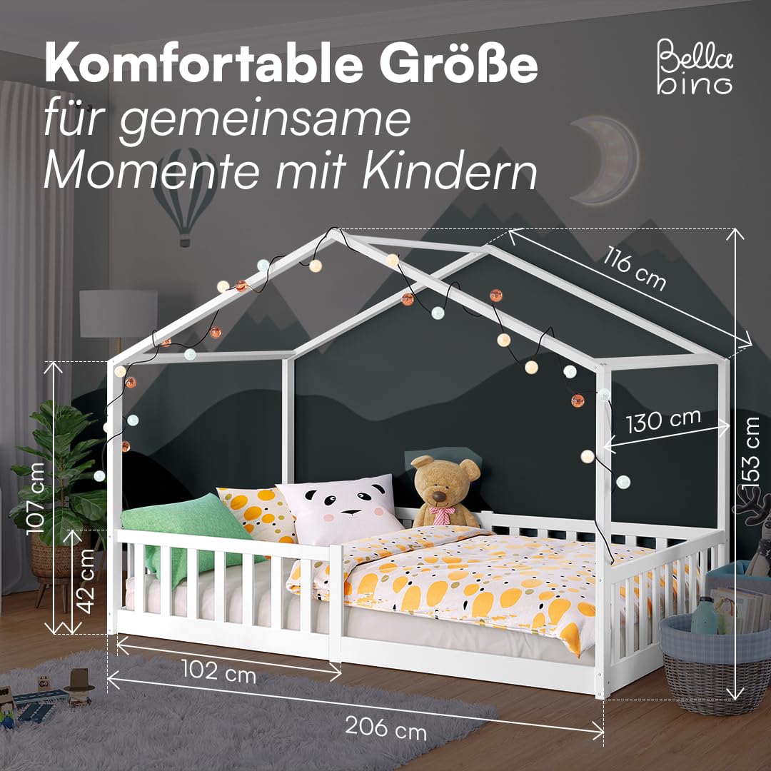 Bellabino Bia Children’s Bed, 90 x 200 cm, Children’s House Bed incl. Fall Protection and Rolled Slatted Frame, Montessori Floor Bed, White, Solid Pine Wood