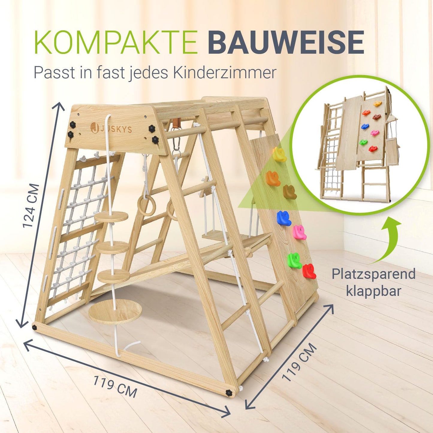 Juskys Mini Climbing Frame for Children - Indoor Playground with Slide, Climbing Wall, Climbing Net & Gymnastics Rings - Wooden Climbing Tower Foldable - Natural