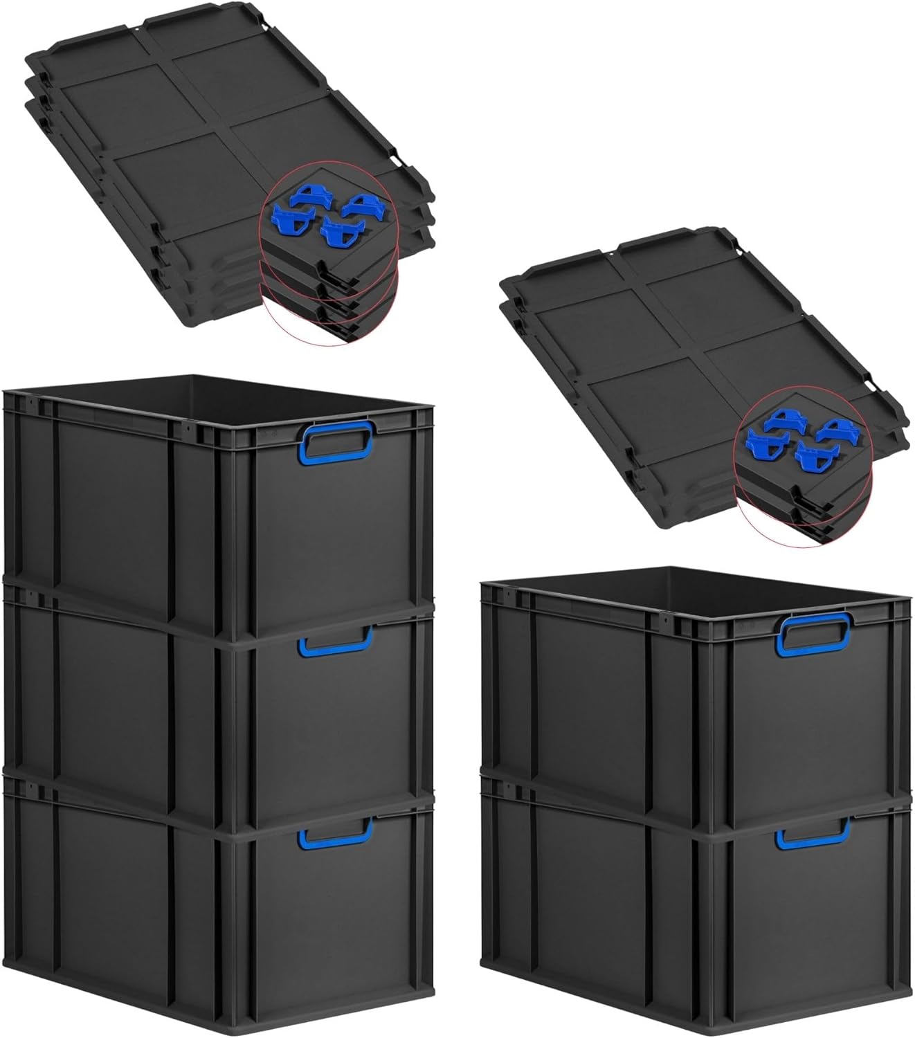 PROREGAL Economy Set of 5 Eurobox NextGen Colour with Lid and Sliding Snap Fasteners, H x W x D 22 x 30 x 40 cm, 20 L, Black, Closed Handles, Euro Container, Transport Box, Transport Container