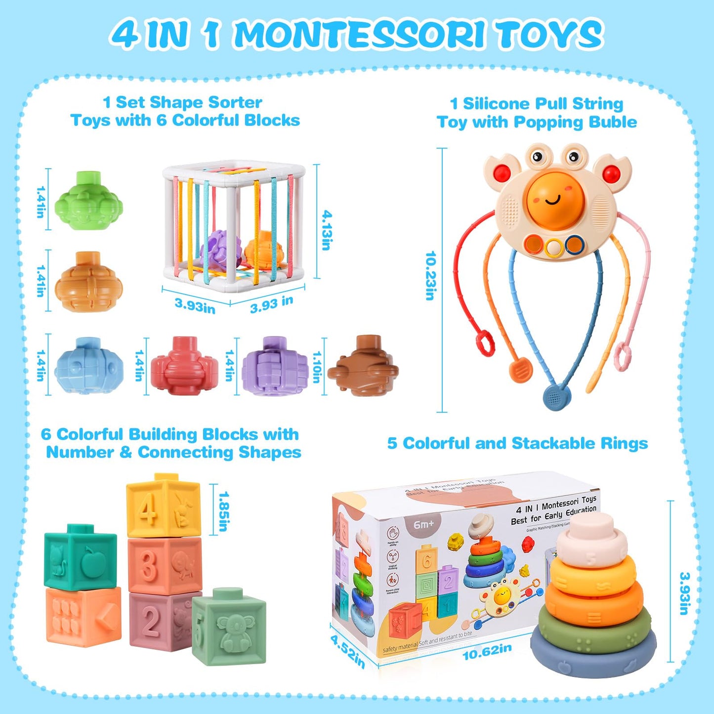 Richday Montessori Spielzeug Baby,Baby Spielzeug 6 Monate,8 in 1 Montessori Motorikspielzeug Stapeln Baublöcke Sensorischer Lernspielzeug für Kleinkinder Passende Eier, Saugnapf-Kreiselspielzeug