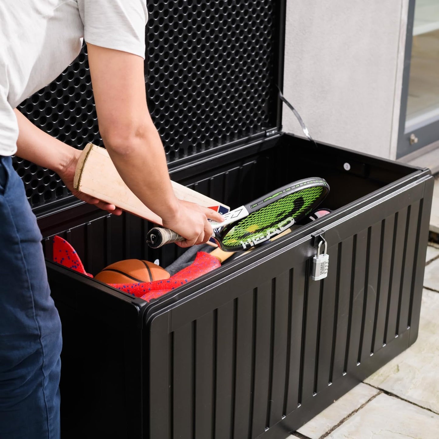 Olsen & Smith 270L Large Capacity Outdoor Garden Storage Box with Padlock Plastic Shed - Weatherproof and Stand Up with Wood Effect Chest (270L, Black)