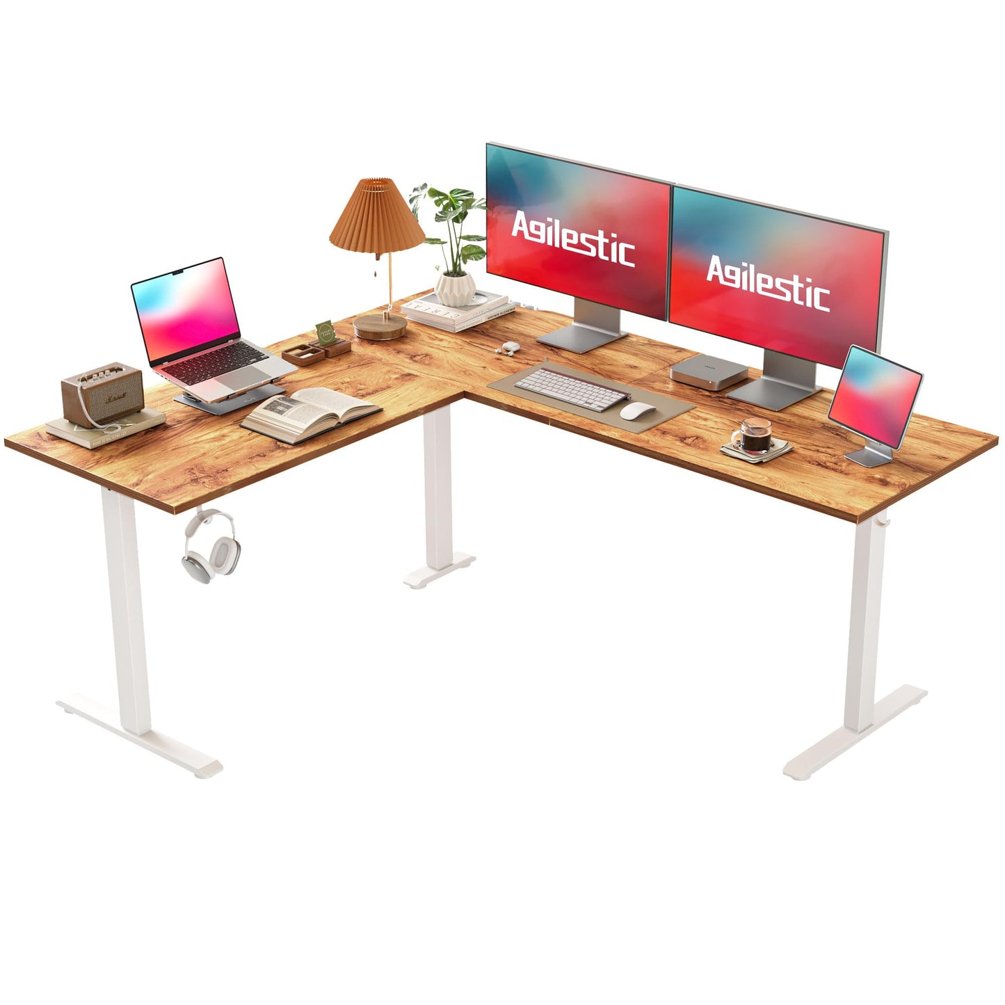 Agilestic L-Shaped Height-Adjustable Desk, 160 x 140 cm Desk, Height Adjustable, Electric, Corner Desk, Ergonomic Standing Seat Table, Computer Desk, White
