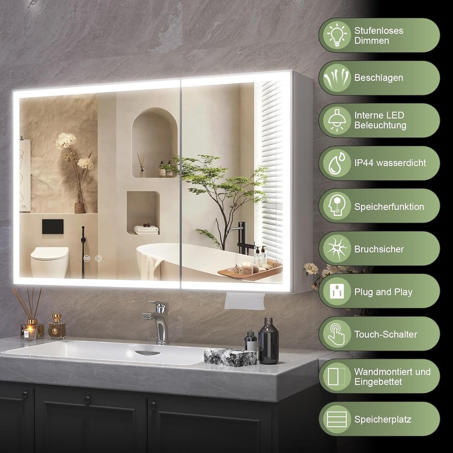 Aovquof Mirror Cabinet with Lighting - 90 x 60 cm Bathroom Mirror Cabinet with Storage Space, Bathroom Mirror Cabinet with Adjustable Dimmable LED Lights with Demist Function, Modern Cream Colour