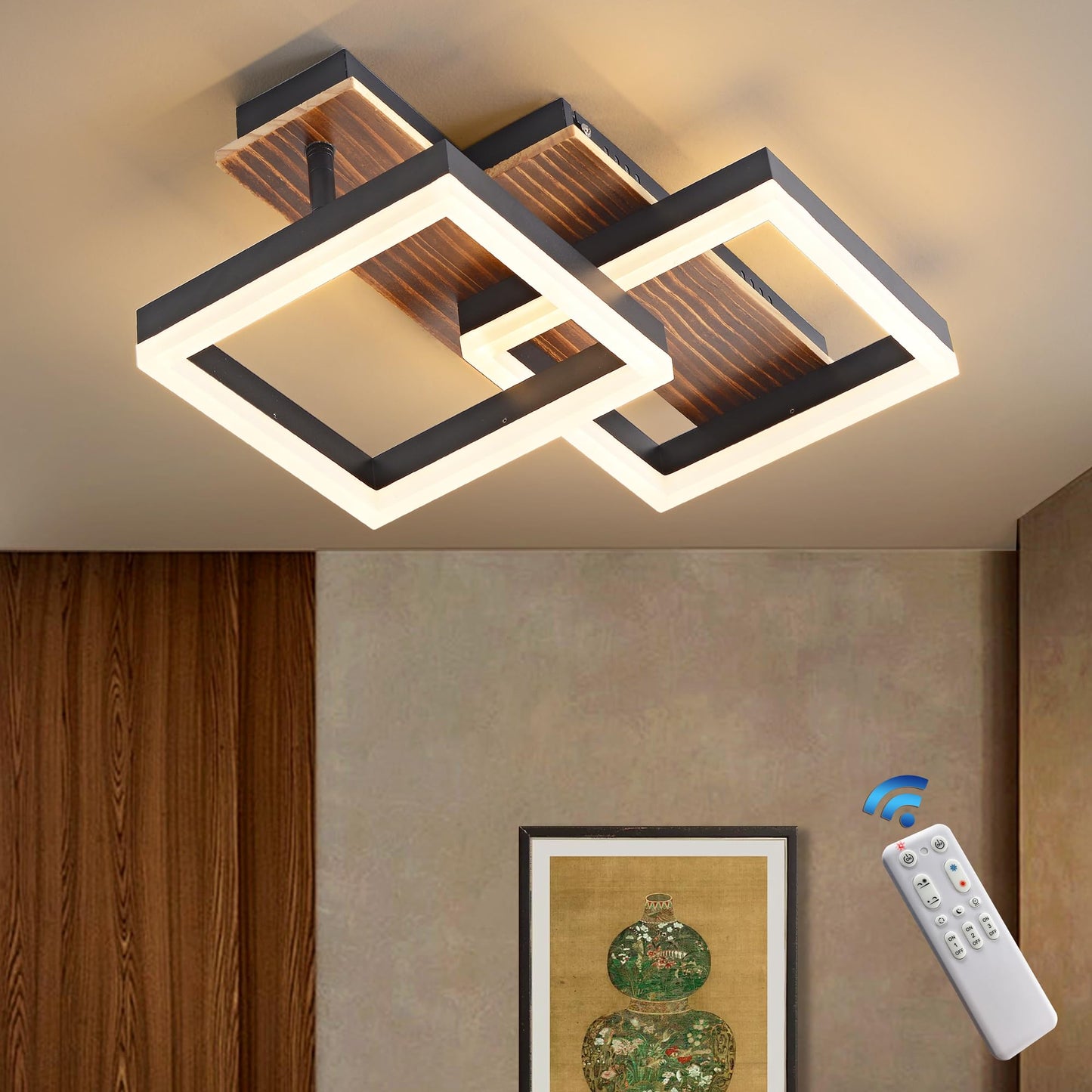 LED Ceiling Light Wood Dimmable, Rotatable 350°, Solid Wood Black Vintage Ceiling Light, 28 W, 40 cm, 2800 lm, 3000 K - 6000 K with Remote Control, Bedroom Lamp, Memory Function, 3 W Night Light