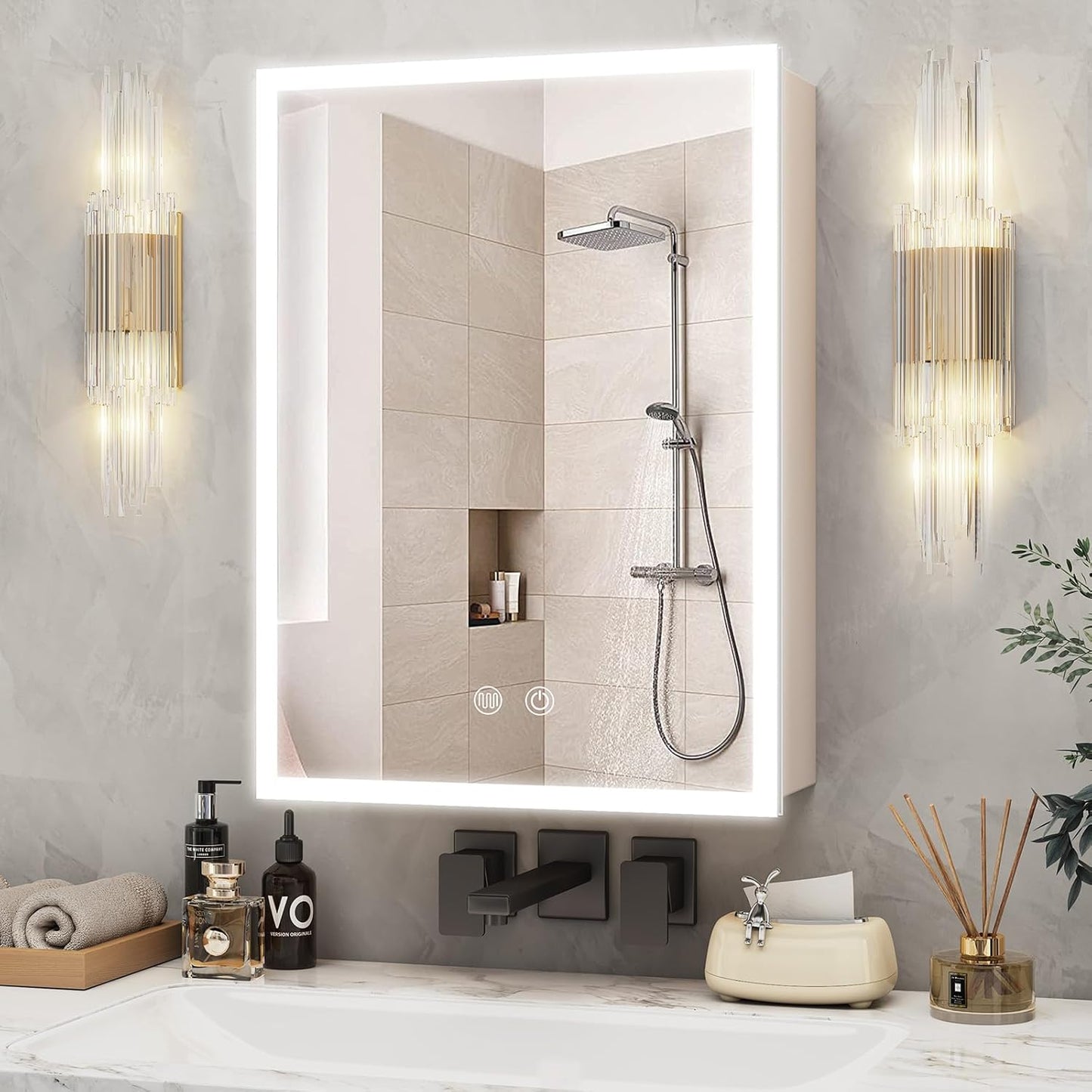 Aovquof Mirror Cabinet with Lighting - 90 x 60 cm Bathroom Mirror Cabinet with Storage Space, Bathroom Mirror Cabinet with Adjustable Dimmable LED Lights with Demist Function, Modern Cream Colour