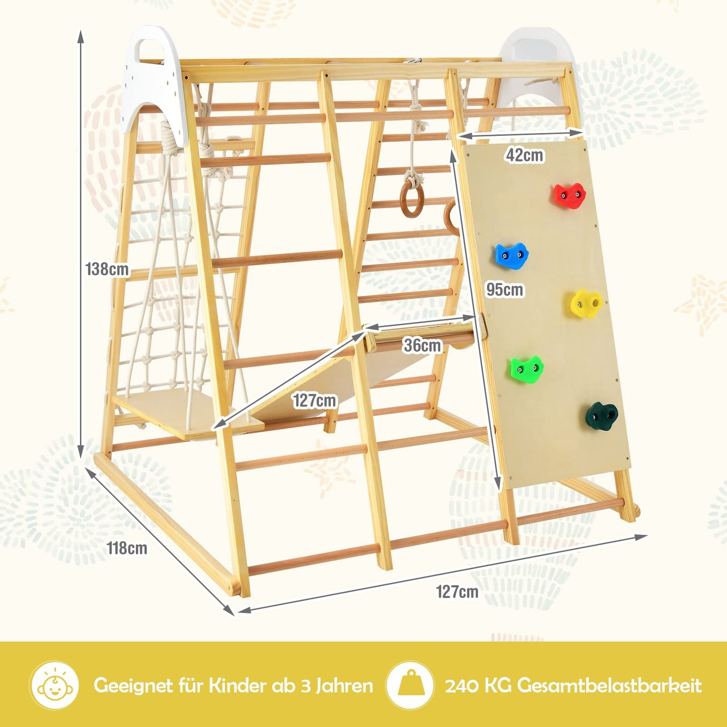 DREAMADE 8 in 1 Climbing Triangle Climbing Toy with Swing Ladder Slide Climbing Net Gym Rings Playground Indoor Wooden Climbing Frame for Sliding & Climbing for Children from 3 Years (Natural)