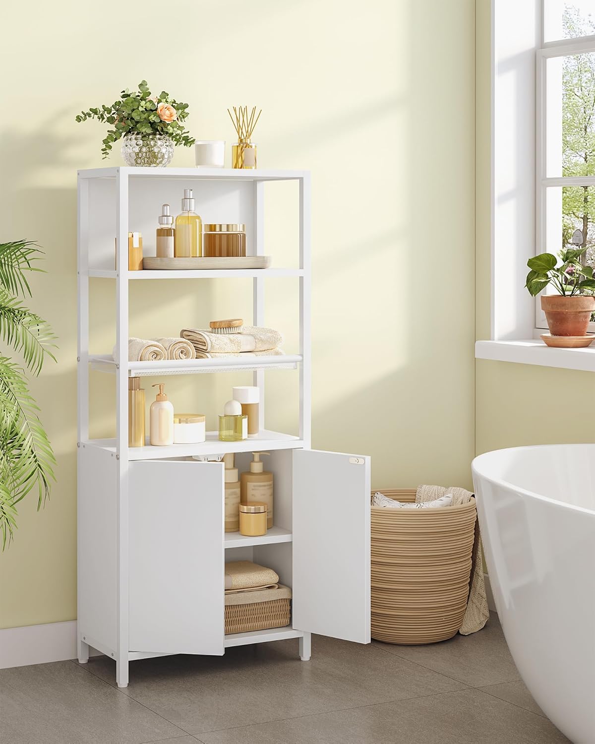 Hzuaneri BC42903W Bathroom Cabinet with 2 Doors & Open Shelf, Kitchen Cabinet, Ventilated Metal Mesh Shelf, Adjustable Shelf, for Bathroom, Living Room, 20 x 38 x 90 cm, White