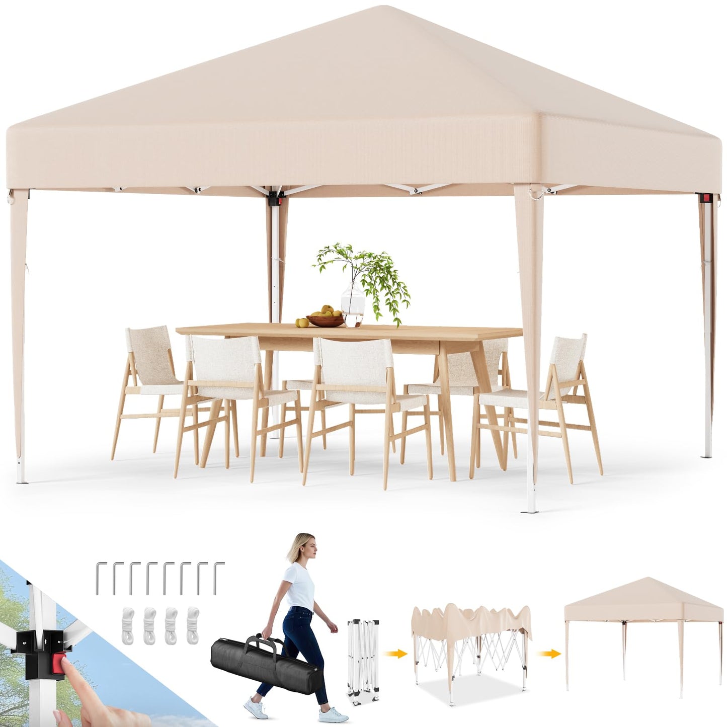 Devoko Gazebo, 3 x 6 cm, Waterproof, Stable, Winterproof, 3-Way Height Adjustment, Folding Gazebo, UV Protection 50+, Folding Gazebo with Carry Bag, for Garden, Outdoor, Camping, Beige