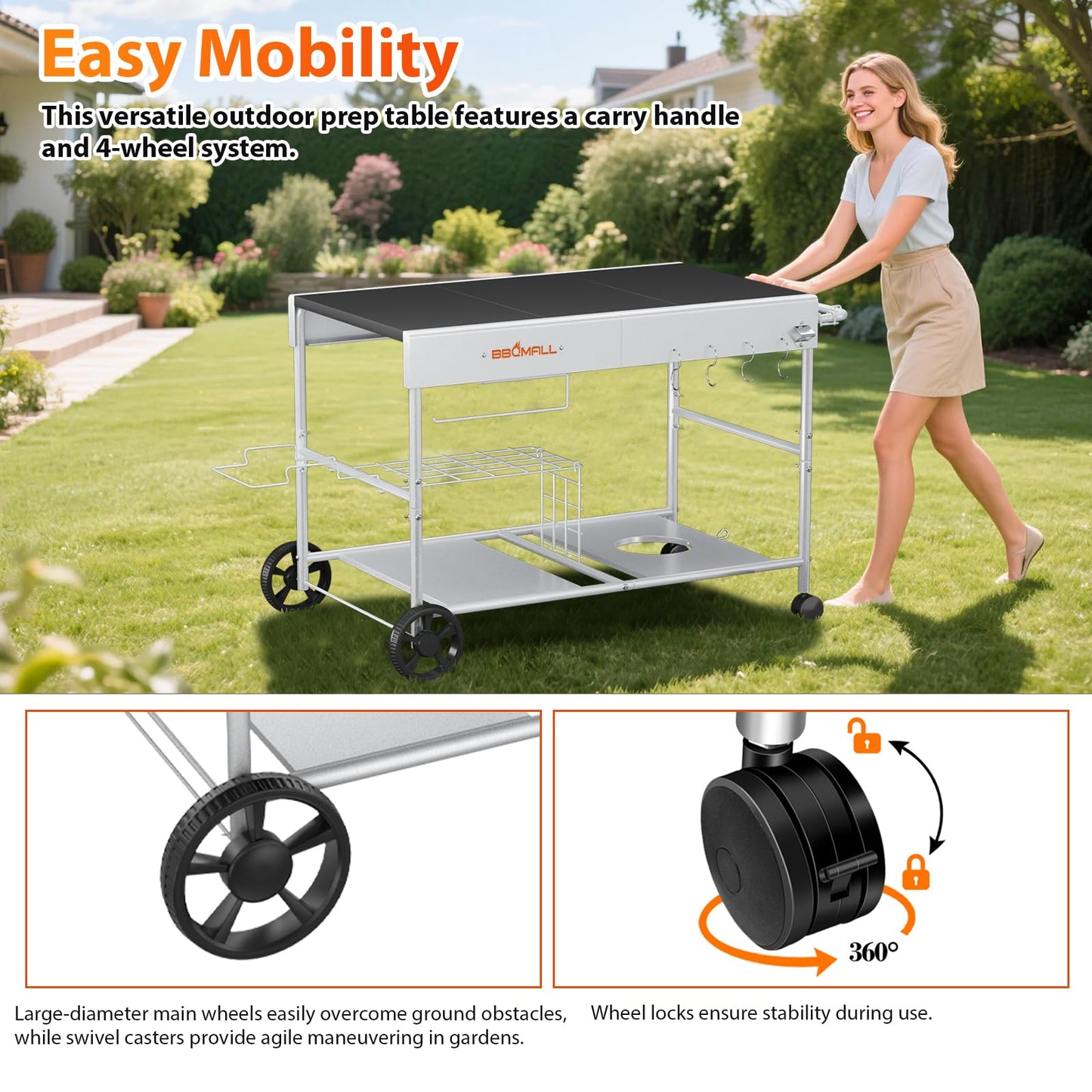 GFTIME Improved Pizza Ovens Grill Trolley for Koda/Karu/Fyra 16 & 12, 128 x 64 x 78 cm Rolling Kitchen Trolley, Serving Trolley Grill Stand for Ninja Woodfire, Blackstone Griddle, Trolley for Weber Q