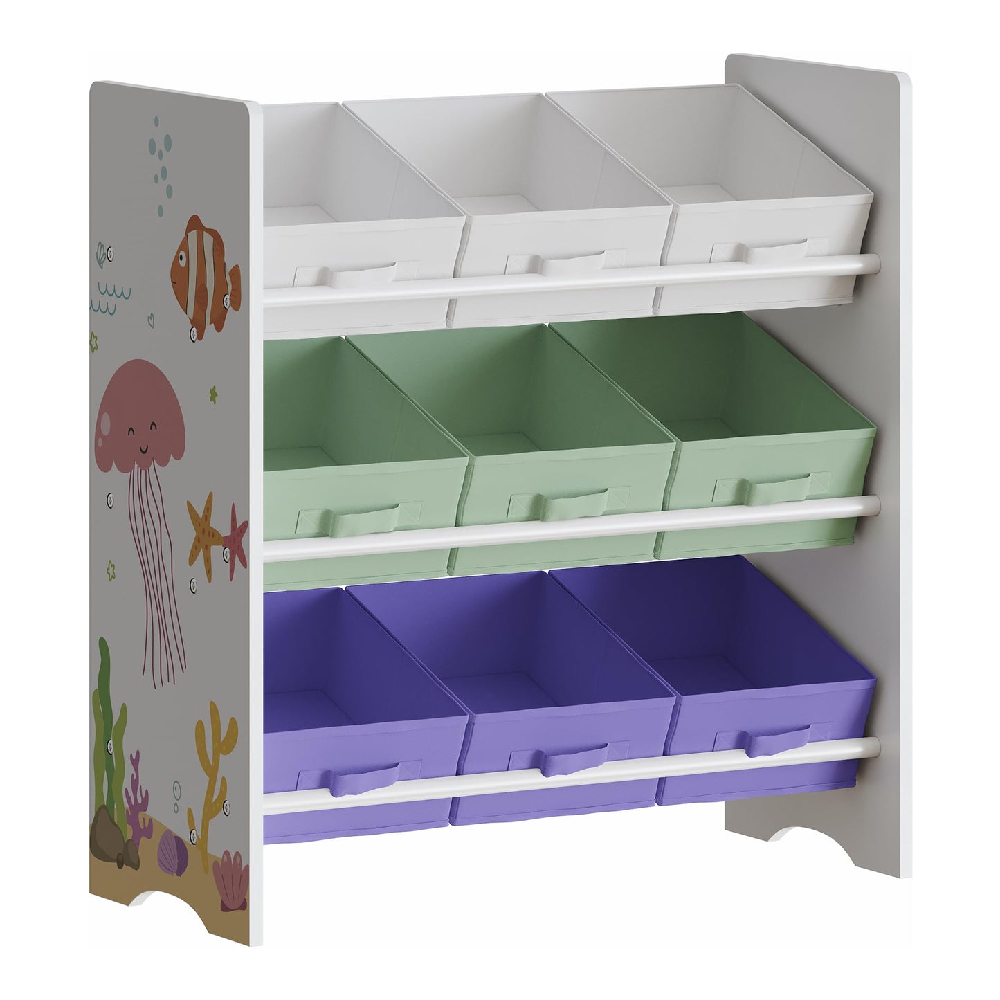 [en.casa] Boiro Children's Shelf, 60 x 62 x 30 cm, Standing with 9 Folding Boxes, Toy Storage Shelf, Ocean Motif