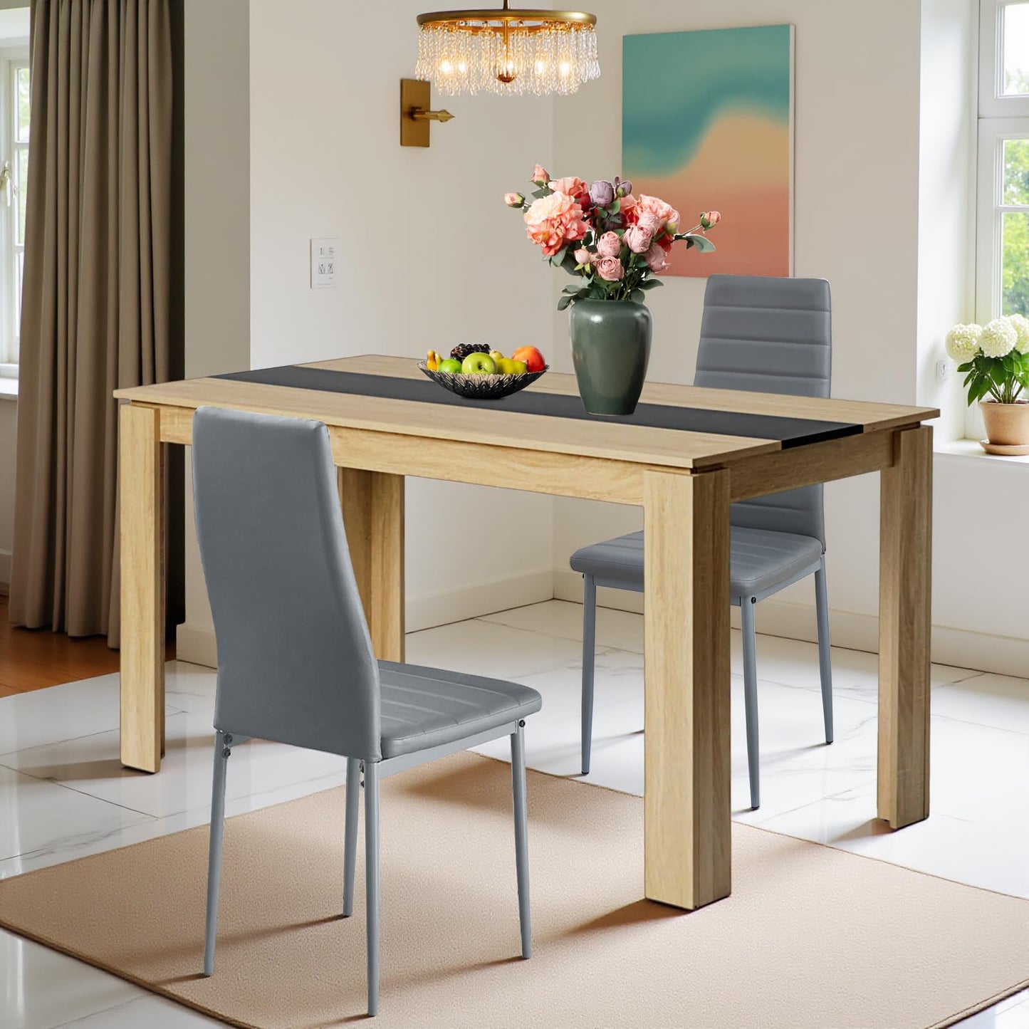 FURNITABLE Esstisch mit 4 Stühlen Esszimmergruppe, 4er Set Esszimmerstühle und Rechteckig Holztisch Essgruppe für Wohnzimmer Küche Büro (110 * 70cm Tisch+4 Schwarz Stühle)