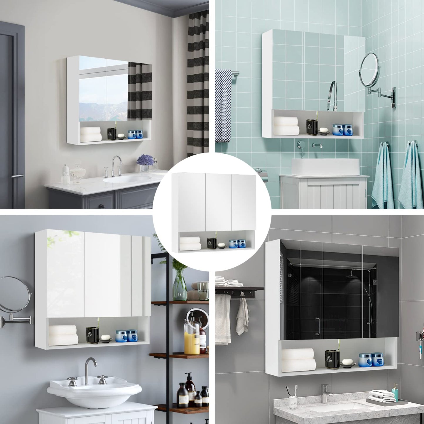 TUKAILAI Mirror Cabinet Bathroom Cabinet with 2 Toy Doors and Additional Shelf Storage Cabinet with Adjustable Shelves Wall Cabinet Medicine Cabinet Wall Cabinet for Bathroom White