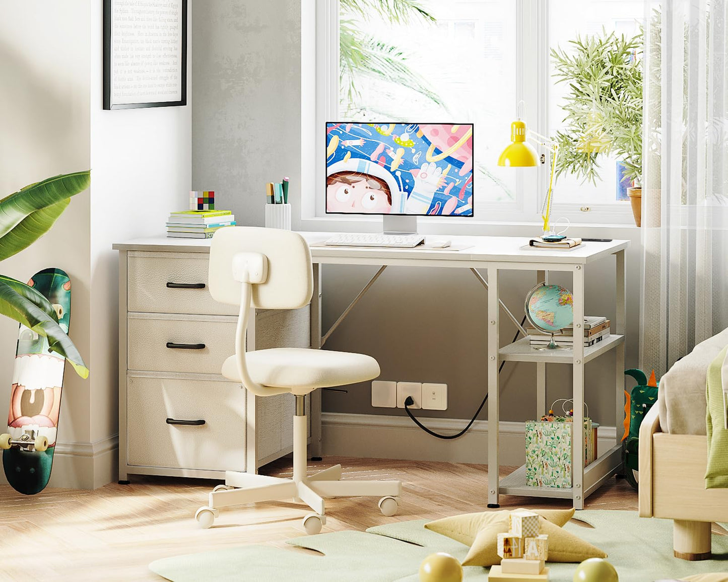 Coleshome Fabric Desk with 3 Drawers, 130 x 48 cm Computer Desk with 2 Sockets and 2 USB Charging Ports, PC Table with Shelf, Reversible Office Table for Office, Living Room, White