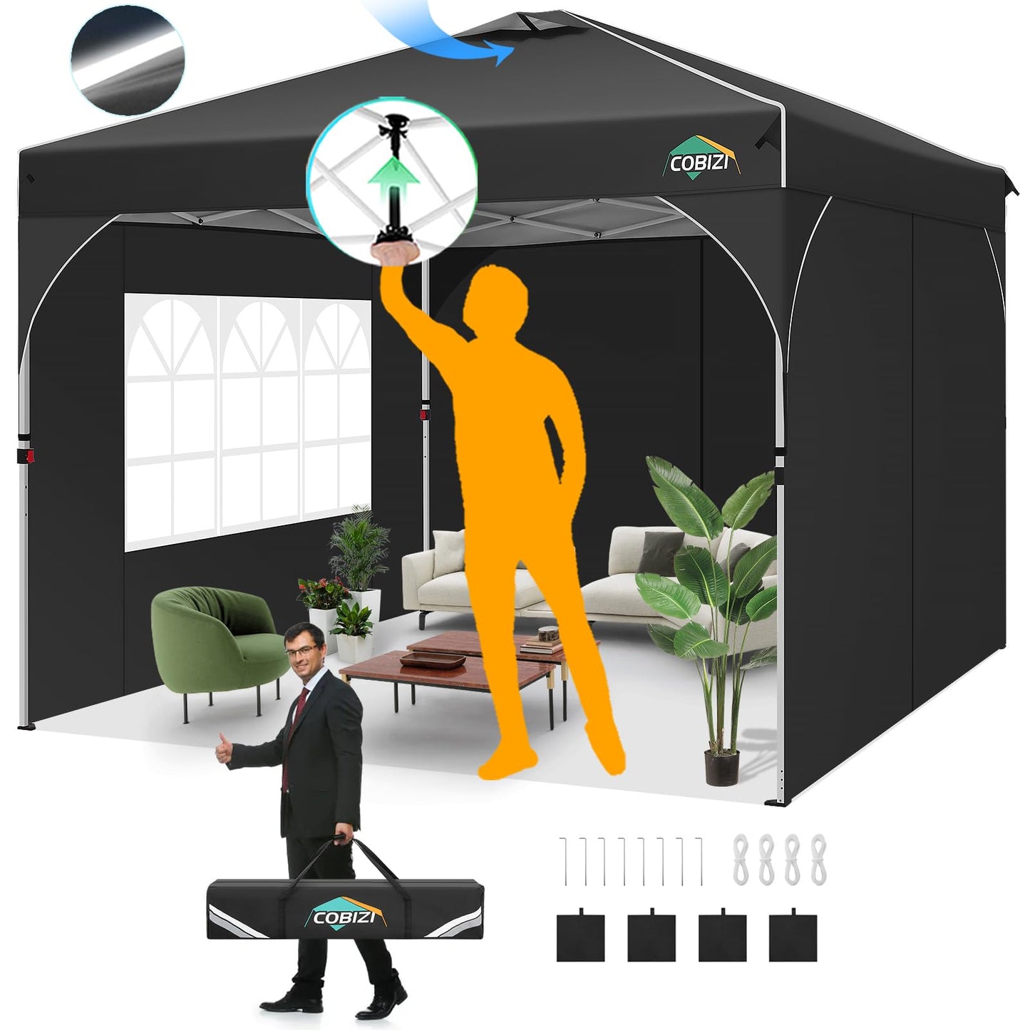 COBIZI Faltpavillon 3x6 Pavillon wasserdicht Winterfest, Ein-Tasten-Zentralverriegelung Partyzelt Faltbar Anti-UV mit 6 Seitenwänden, Gartenpavillon mit Leuchtstreifen für Hochzeiten, Freien, Garten