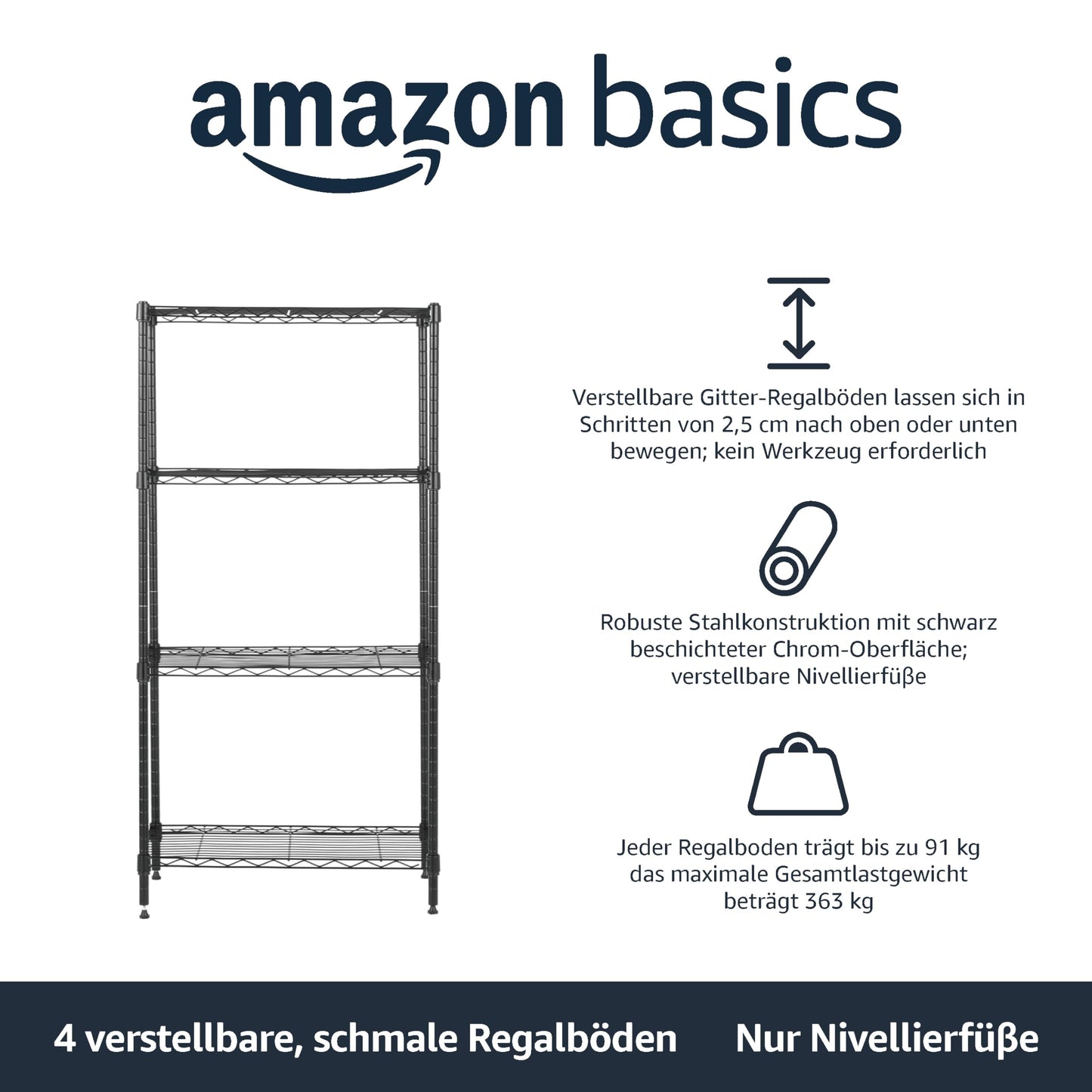 Amazon Basics Narrow Storage Unit with 4 Shelves, Height Adjustable Shelves and Leveling Feet, Maximum Weight 363 kg, Black, 34 cm D x 58.9 cm W x 121.9 cm H