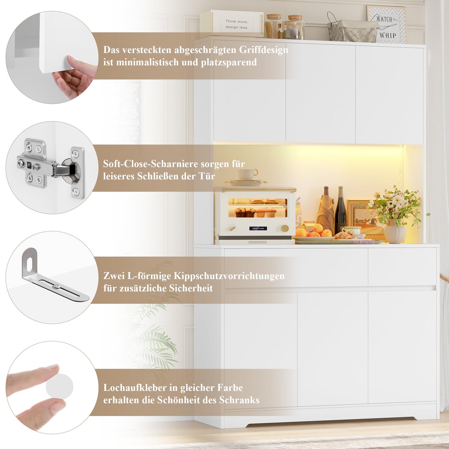 FirFurd 180 cm Kitchen Cabinet with Worktop and LED, Buffet Cabinet, Tall Cabinet with Power Strip and Adjustable Shelves, Sideboard for Kitchen, Living Room, Dining Room, 100 x 38.5 x 180 cm, White