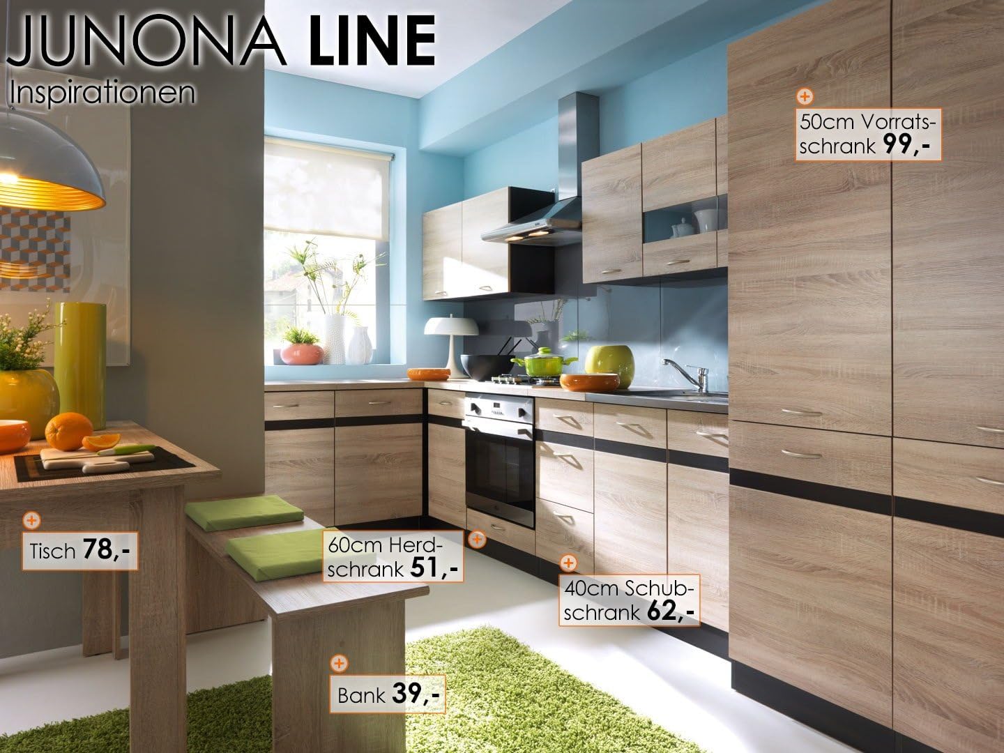 FIWODO Junona Line 240 Fitted Kitchen Set with Full-Extension Drawers Choice of 3 fronts 240 cm EICHE / EICHE
