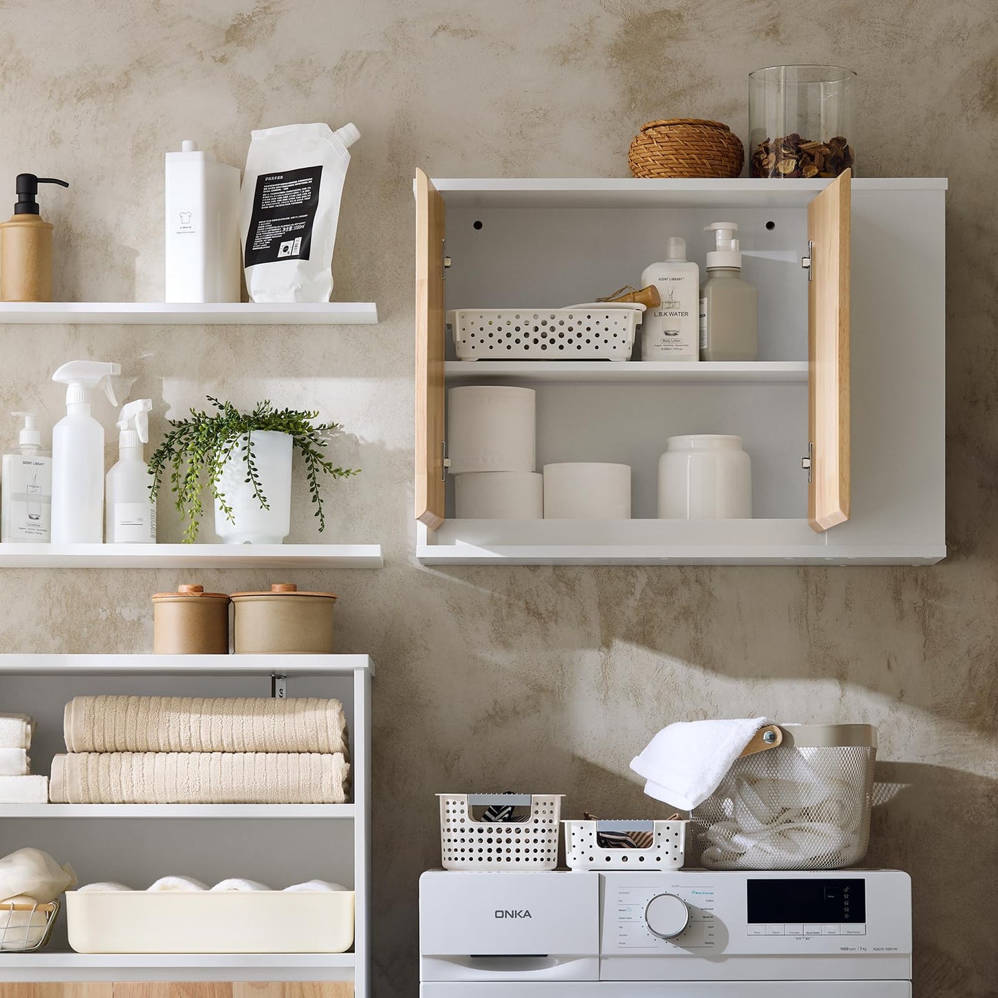 SoBuy BZR75-W Vanity Unit Bathroom Furniture - Bathroom Cabinet with Siphon Cut-Out, 2 Doors & 2 Open Compartments - Space-Saving Vanity Unit, White / Natural 60 x 60 x 29 cm