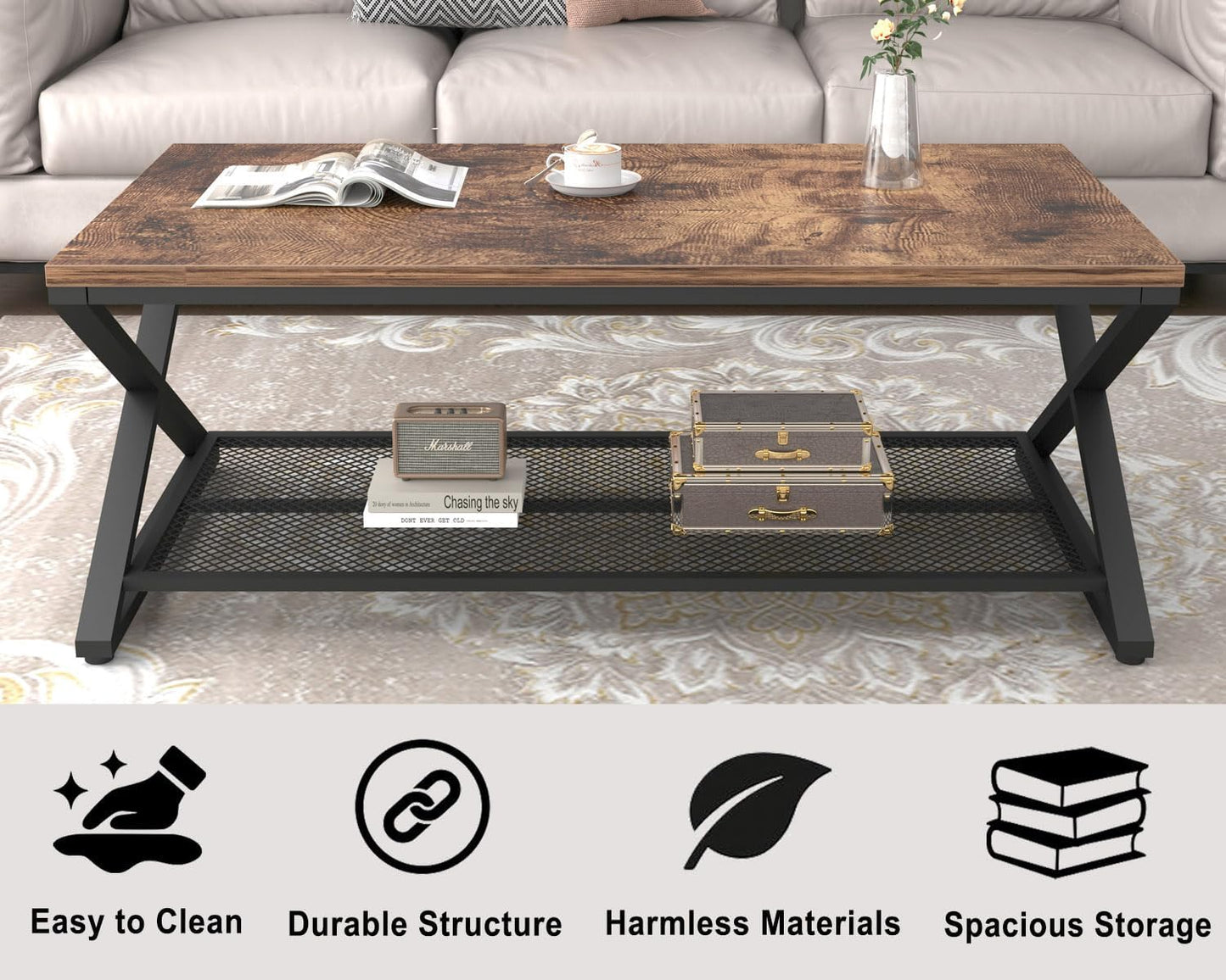 LVB Rectangular Coffee Table, Living Room Table, Sofa Table, Side Table, Wood, Metal, Living Room Furniture, Coffee Table, Vintage Retro Industrial Design, 120 x 60 x 45 cm