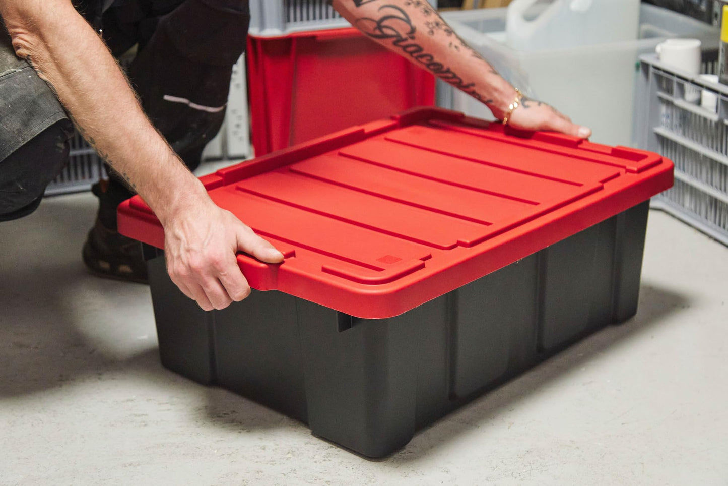Iris Ohyama, 100L Plastic Storage Box with Heavy Duty Lid, Set of 2, Black, Stackable, Garage Shelves, Moving Moving Plastic Tool Box Storage Box UTB-27