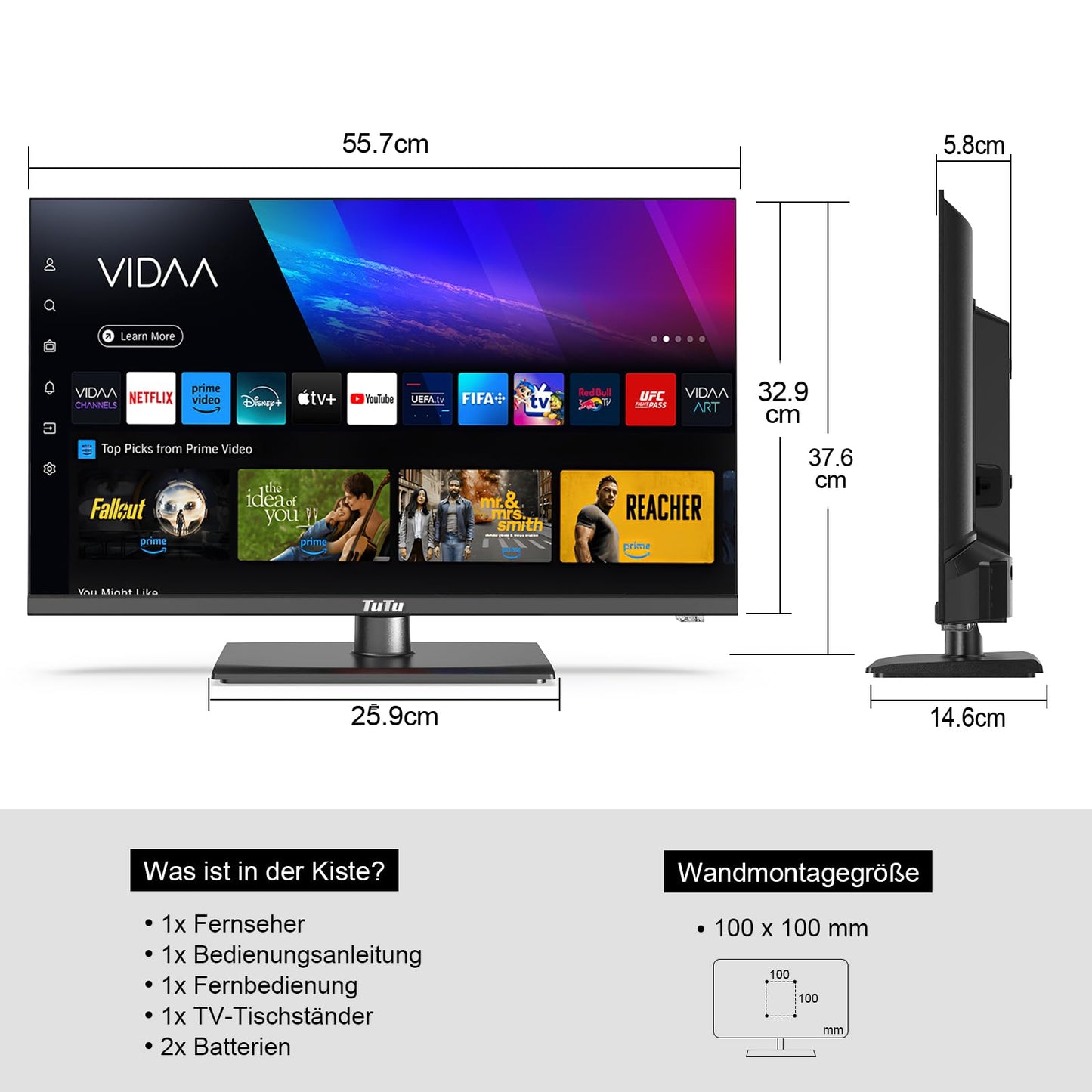 TuTu Smart TV 25 Zoll (64 cm) Full HD VIDAA Fernseher mit WLAN Triple Tuner (DVB-T/T2, DVB-C, DVB-S/S2) APP Store HDMI USB (TUV25FQ1B, 2024)