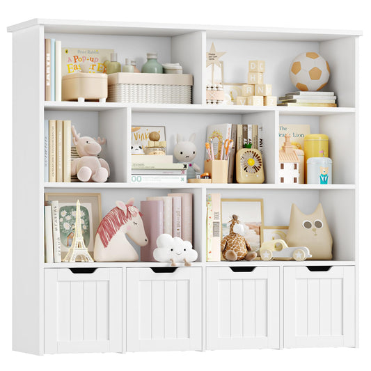 FOREHILL Children's Shelf with Boxes on Wheels, Children's Bookcase with 4 Levels, Children's Room Furniture, Toy Regulator, Storage Shelf, Bookcase for Children, Children's Cabinet, Shelf, White,
