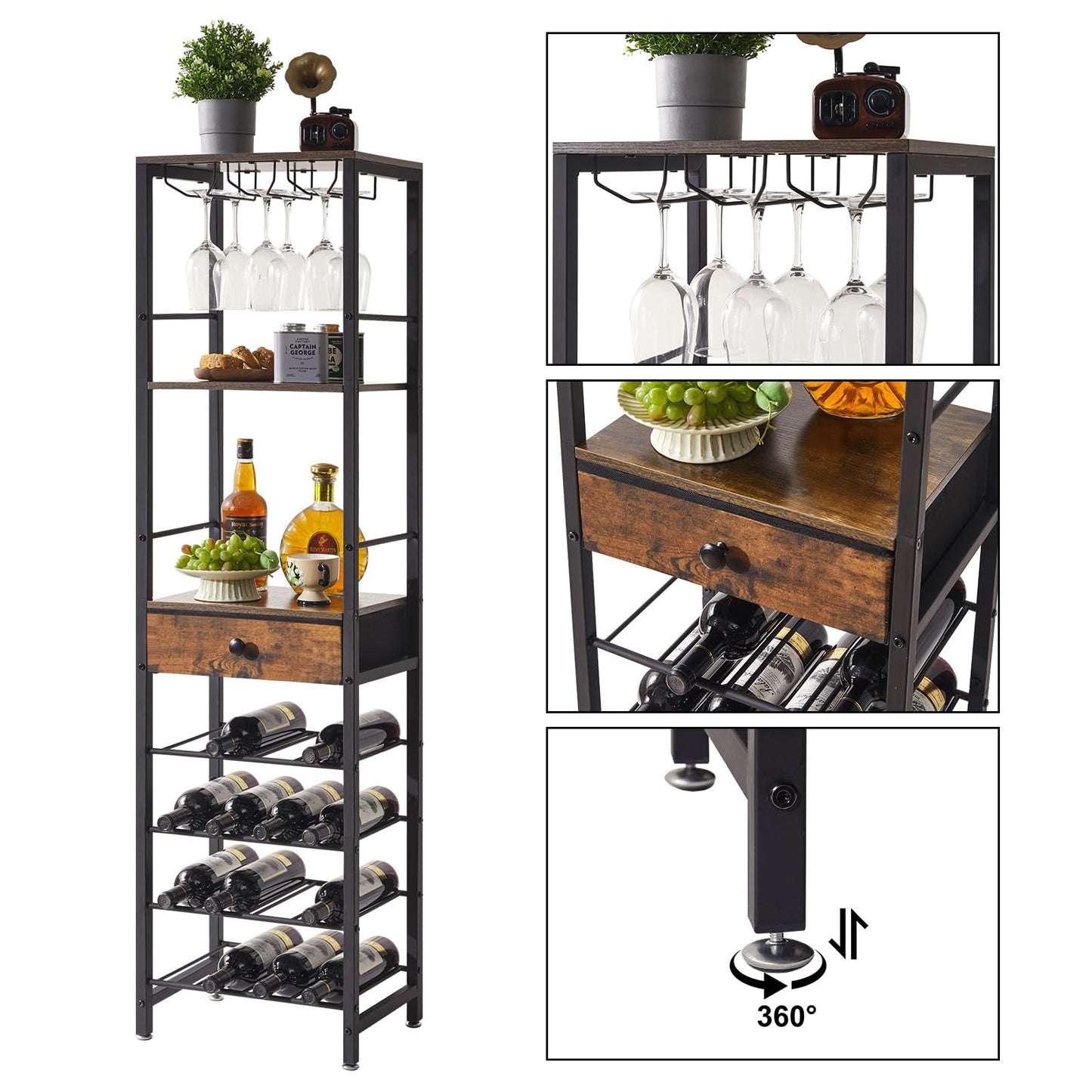 IBUYKE TMJ905H Wine Rack, 4-Layer Freestanding Wine Rack with Glass Holder and Drawer, 16 Bottle Rack, Countertop Wine Rack with Table Top Shelf, for Kitchen, Bar, Dining Room, Vintage Brown