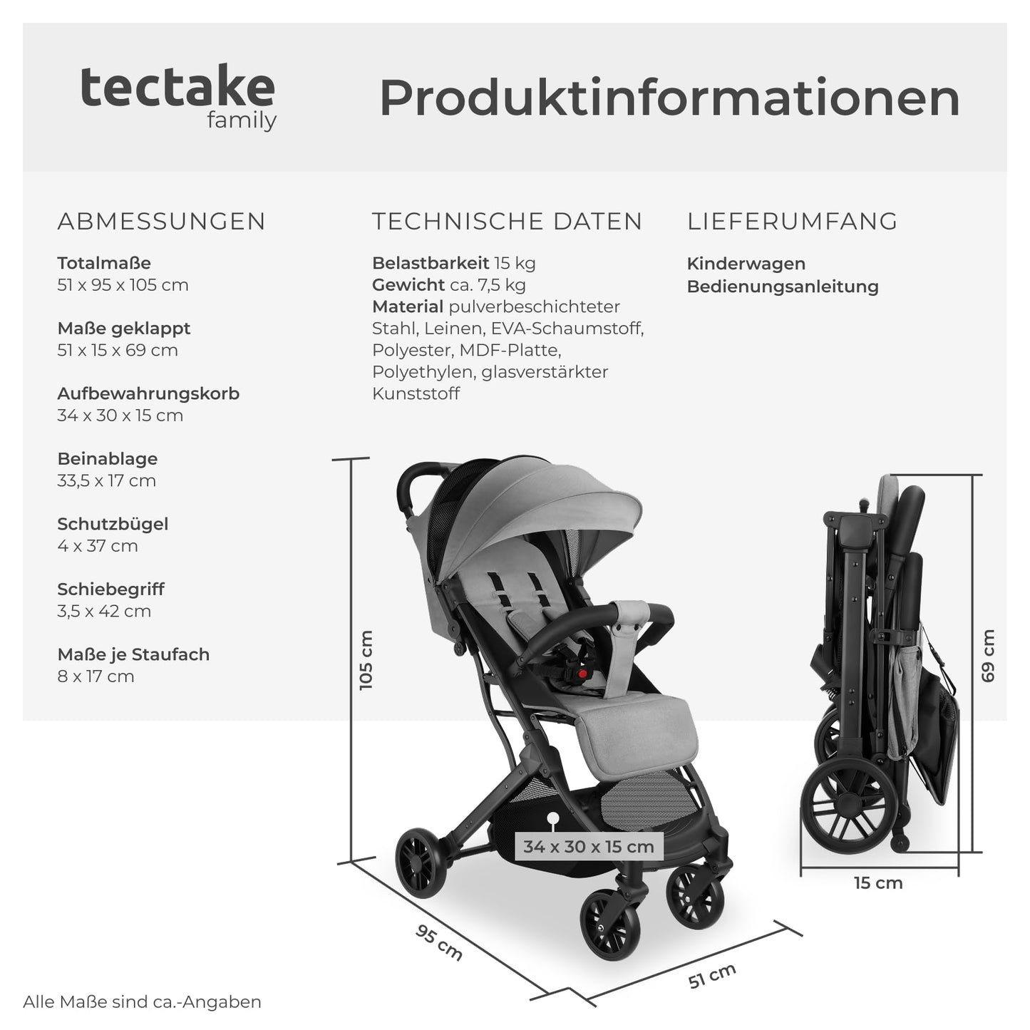 tectake® Buggy Pram from 0 to 3 Years, Baby First Equipment Newborn and Children's Buggy, One-Handed Foldable Travel Buggy, Travel Pram, Baby Pram with Hood - Grey/Beige