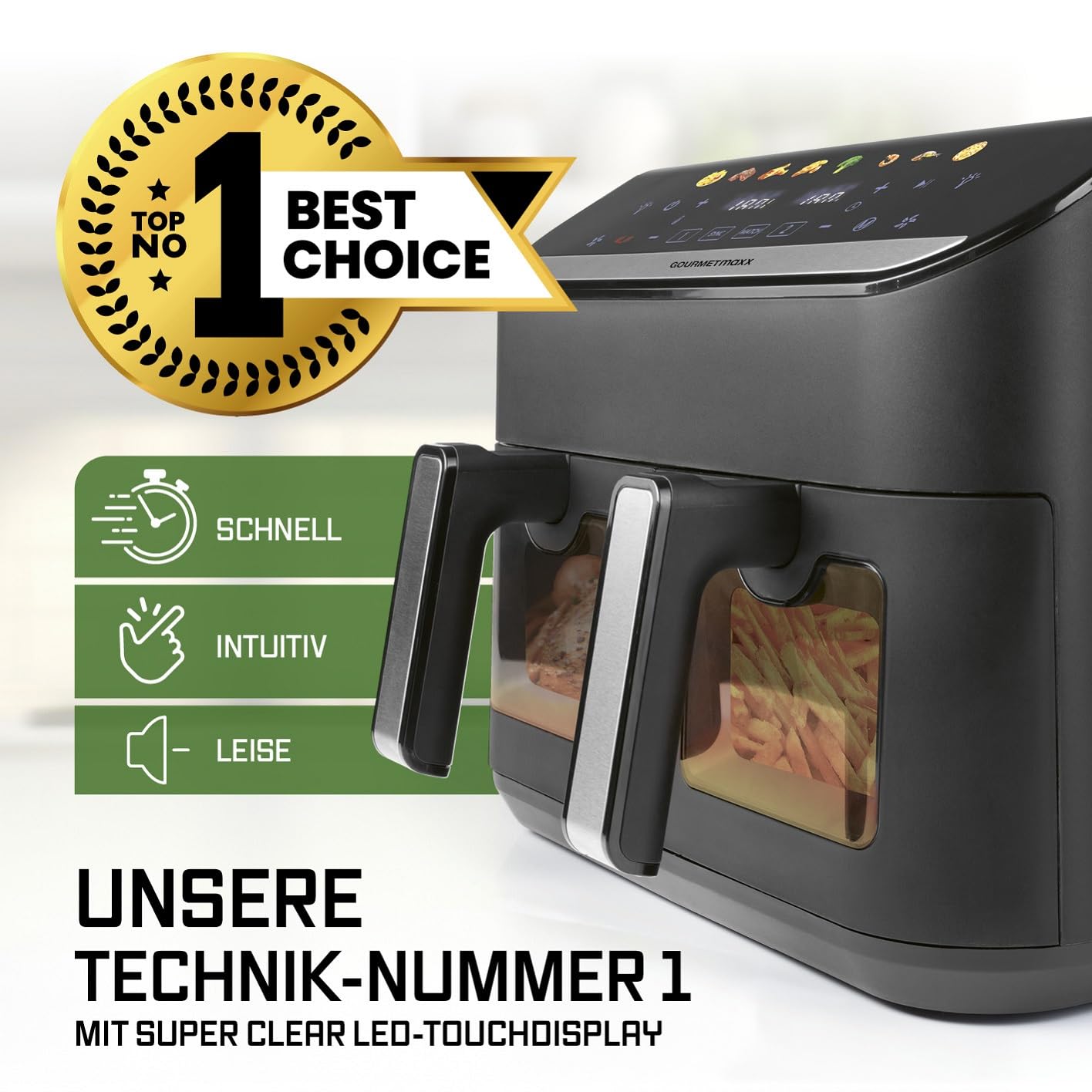 GOURMETmaxx Digitale Heißluftfritteuse 12 L, XXL-Edelstahl-Ofen | Airfryer + Timer, Touchdisplay, Drehspieß | fettarm, energiesparend frittieren | 10 Programme inkl. Pizza | 1800 W