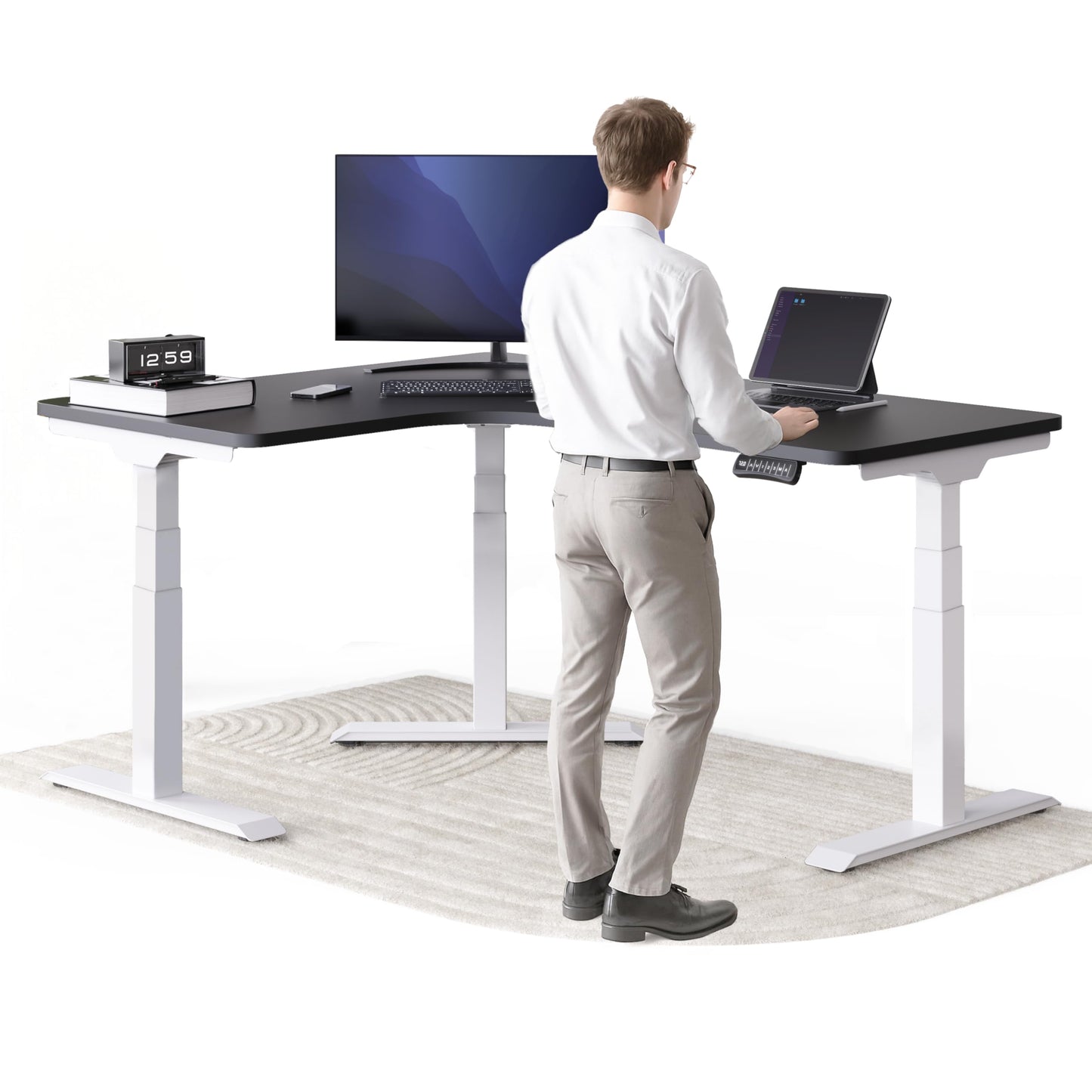 Corner Electric Height-Adjustable Corner Desk, Corner Desk with Memory Function and Anti-Collision Black Frame, Mahogany Table Top, 160 x 130 x 70 cm