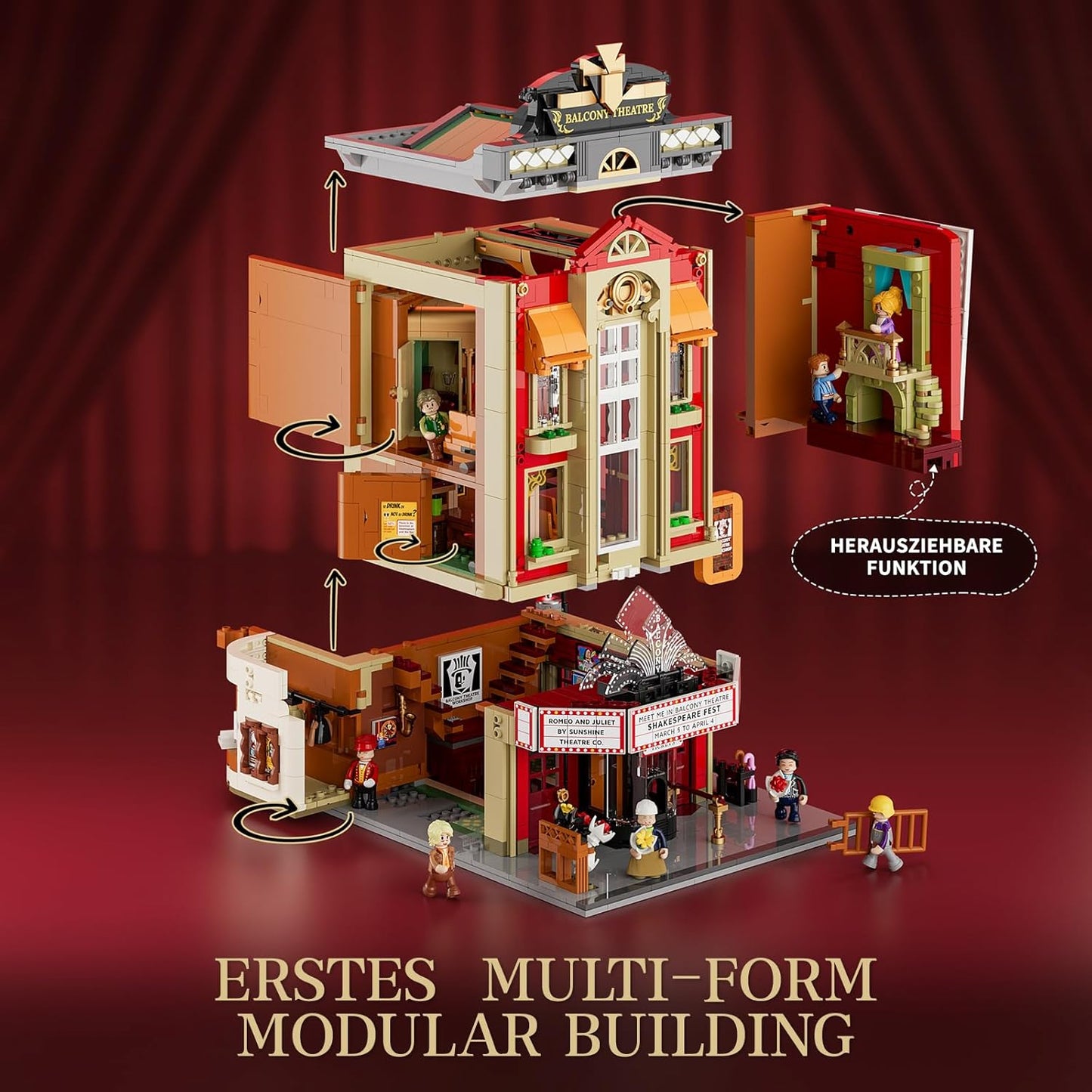 FUNWHOLE Balcony Theatre Lighting Clamp Building Blocks House - with Scene from a Classic Shakespeare Piece, 2445 Pieces, Collector's Set & Creative City House Model for Adults & Teenagers, F9056