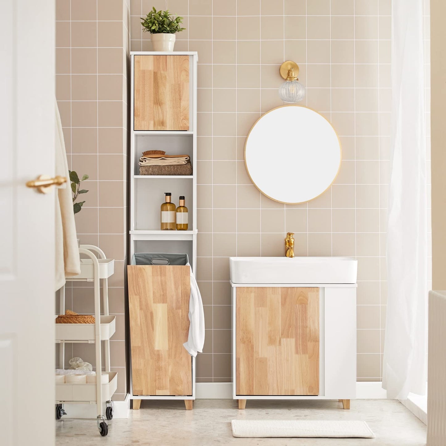 SoBuy BZR75-W Vanity Unit Bathroom Furniture - Bathroom Cabinet with Siphon Cut-Out, 2 Doors & 2 Open Compartments - Space-Saving Vanity Unit, White / Natural 60 x 60 x 29 cm