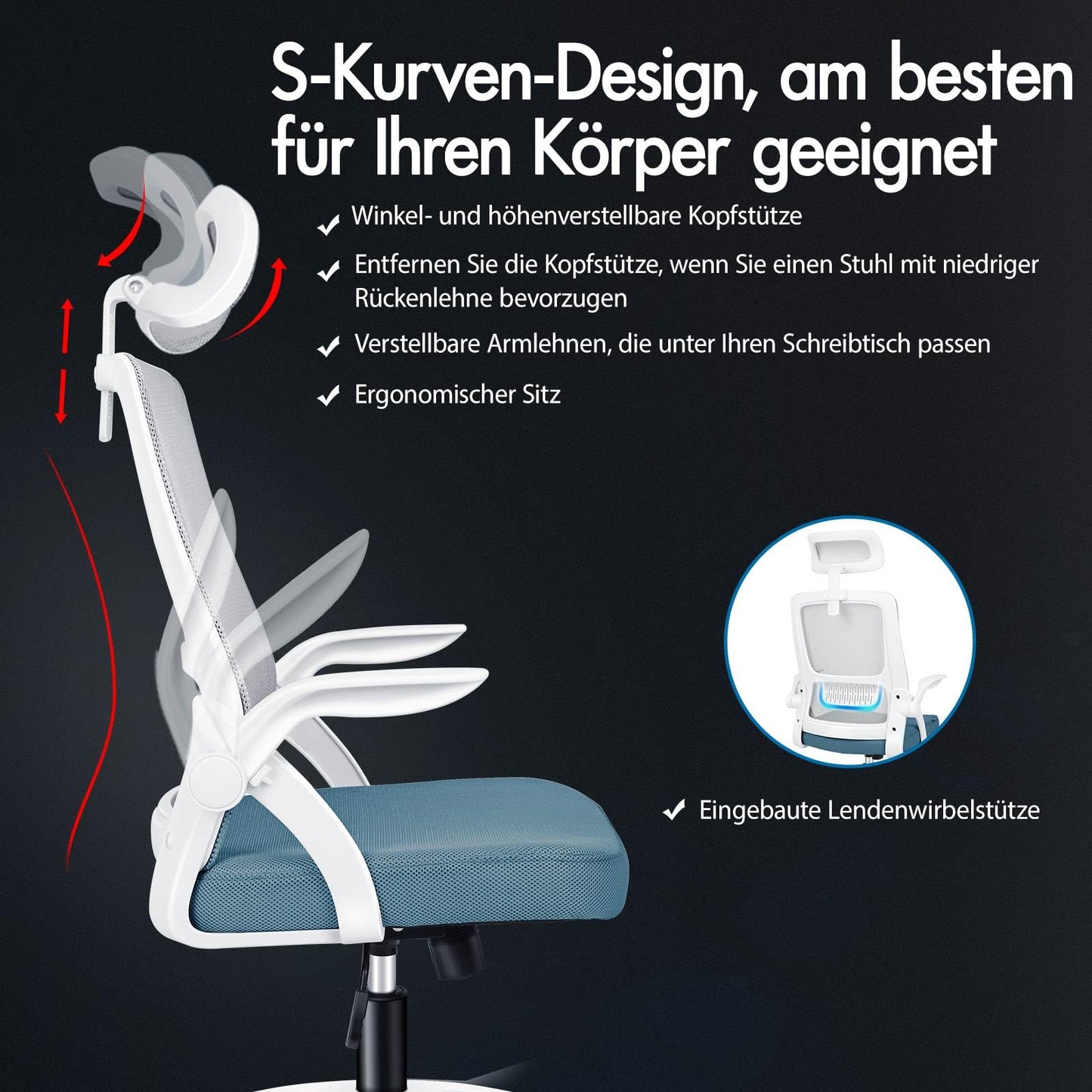 ALFORDSON Ergonomic Office Desk Chair, Computer Chair with Dynamic Lumbar Support, Tilting Swivel Chair with Flip Up Armrest, Black