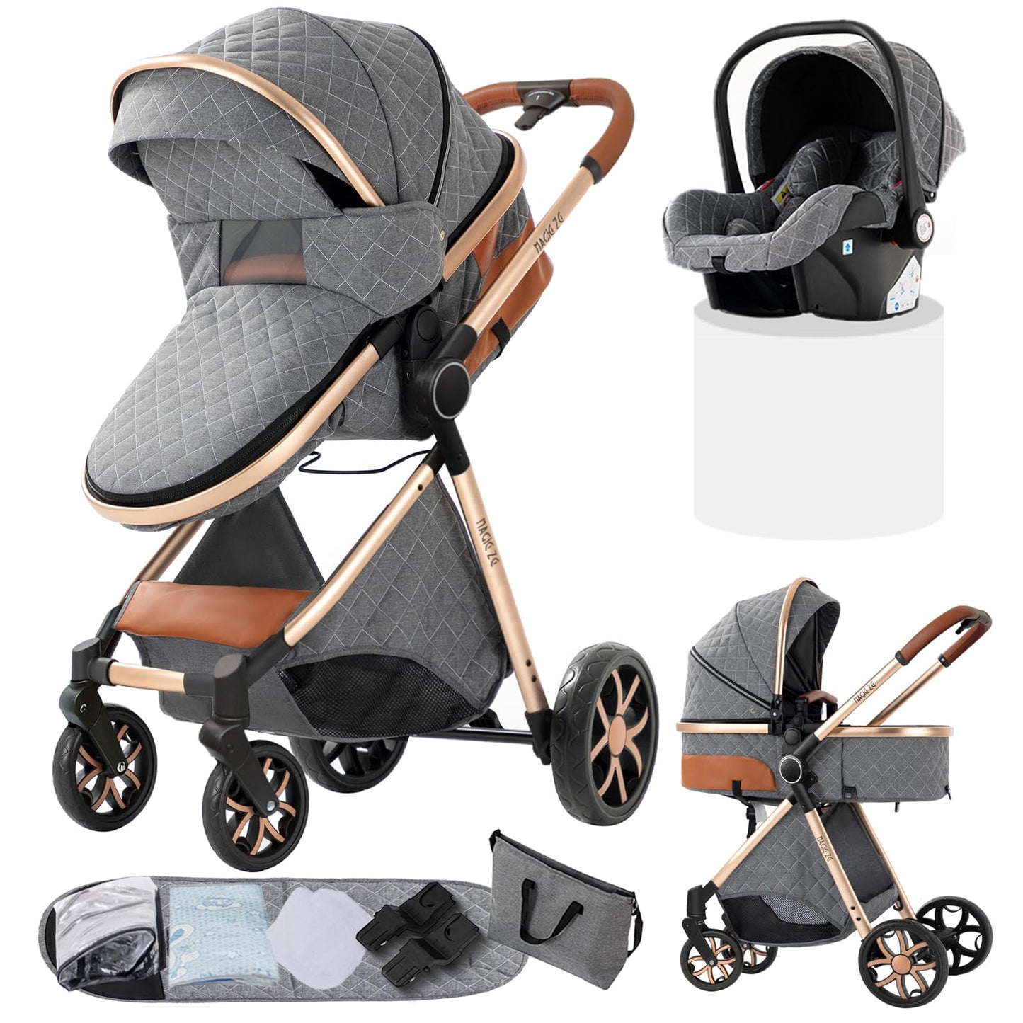 Doraystar 360° Rotation PU Leather Pushchair 3-in-1 Combination Pushchair 3-in-1 with Two Reversible Sliding Modes, Pushchair Complete Set with One-Click Folding Design, Aluminium Alloy Frame (906
