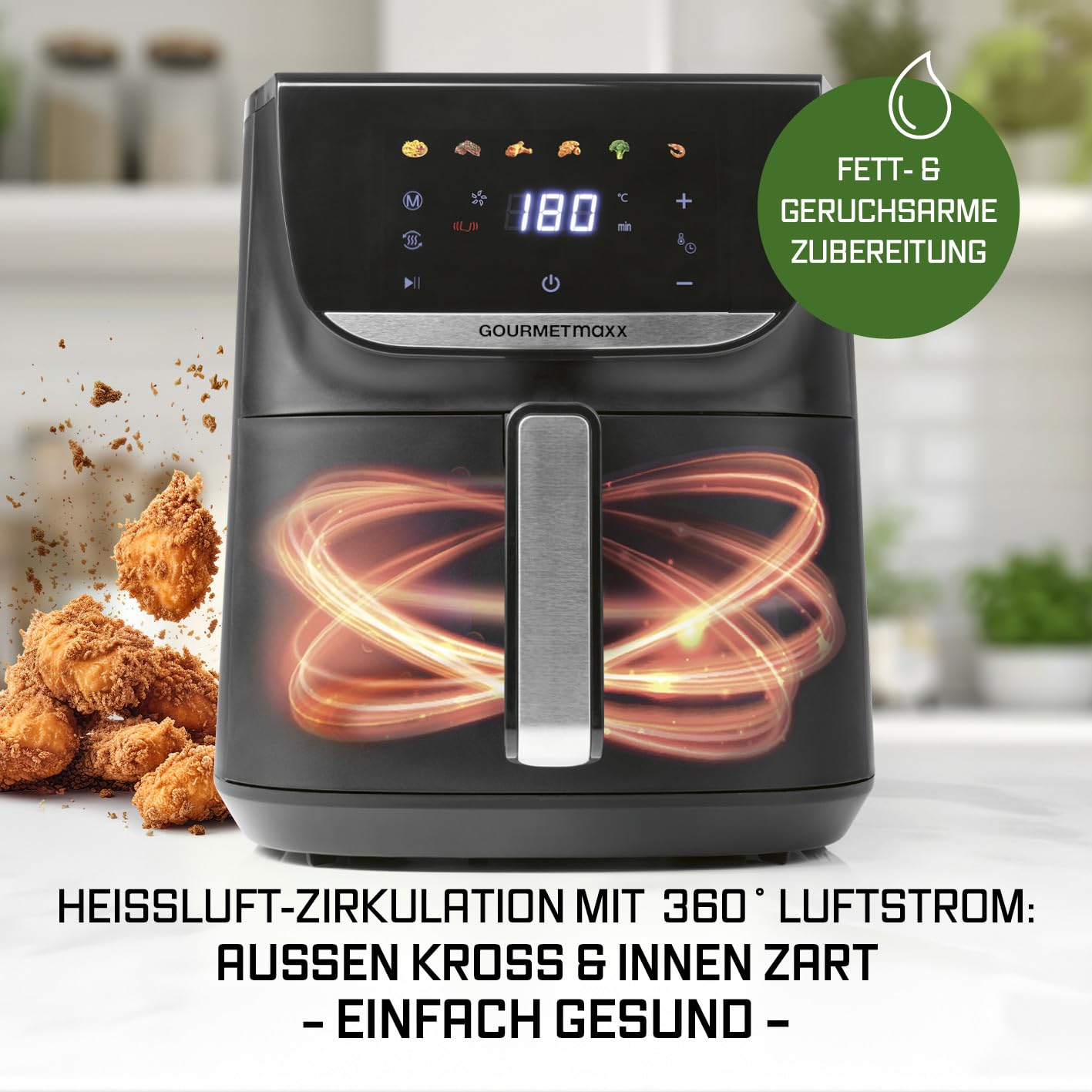 GOURMETmaxx Digitale Heißluftfritteuse 12 L, XXL-Edelstahl-Ofen | Airfryer + Timer, Touchdisplay, Drehspieß | fettarm, energiesparend frittieren | 10 Programme inkl. Pizza | 1800 W