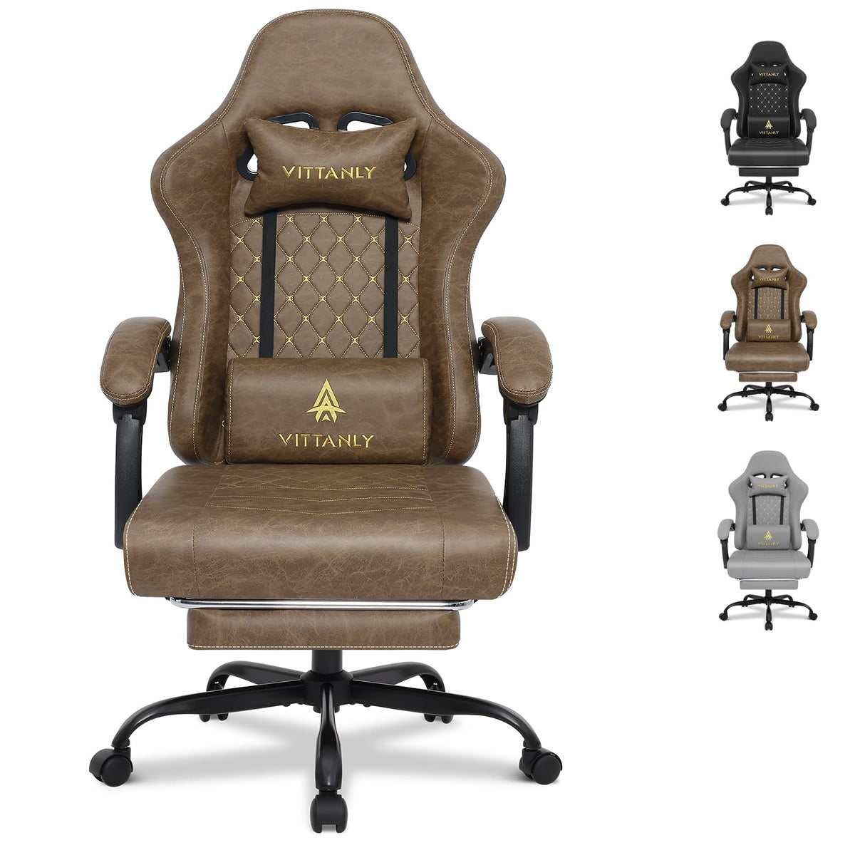 Vittanly Gaming Chair with Spring Cushion, Ergonomic Gaming Chair, Gamer Chair with Headrest, Lumbar Cushion and Footrest, Height-Adjustable Rotating Gaming Chair, Office Chair, 150 kg, Black