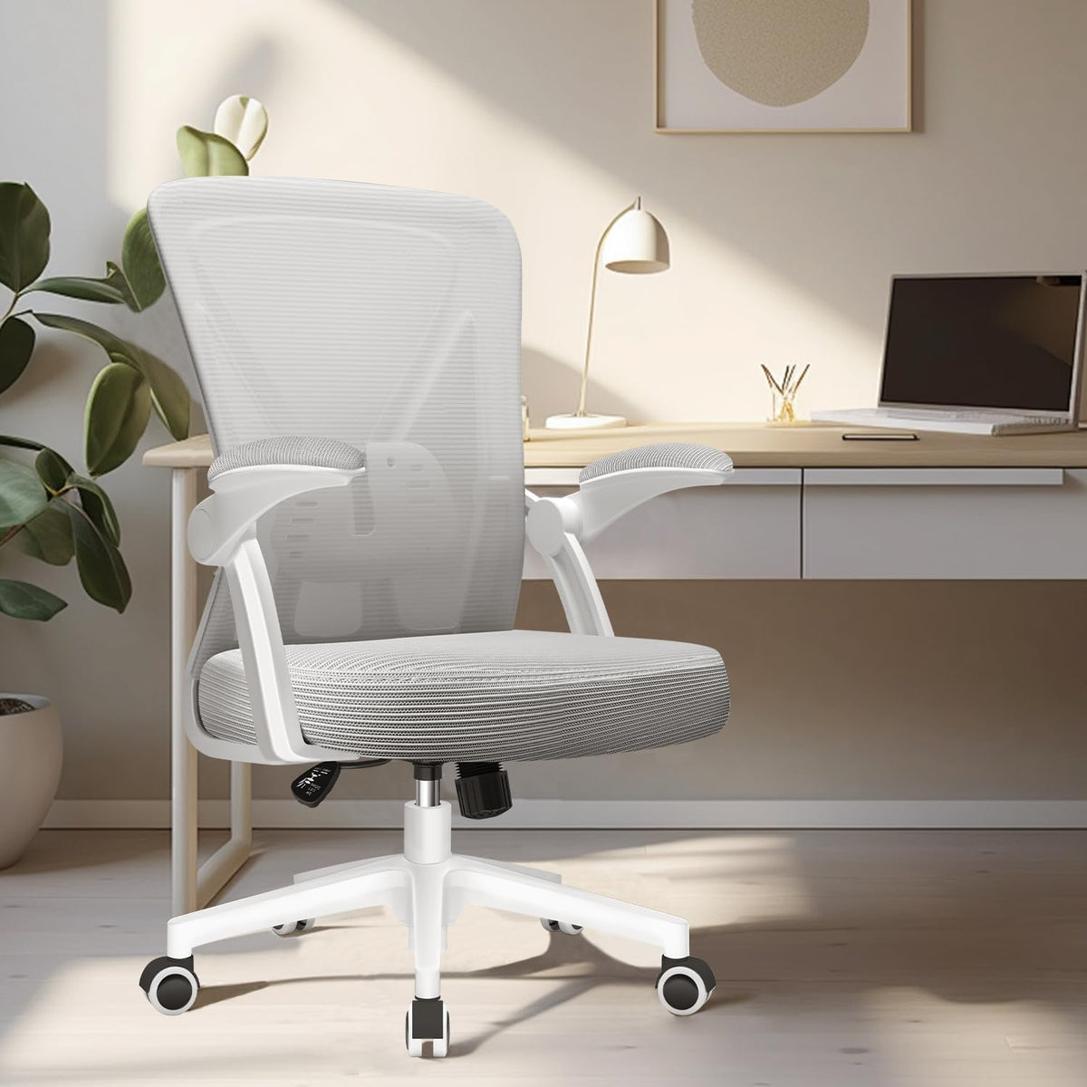 Hinonde Office Chair, Desk Chair with Folding Armrests and Rocker Function, 360° Swivel Chair, Height-Adjustable Office Chair, Ergonomic Home Office Chair with Breathable Mesh, Up to 150 kg