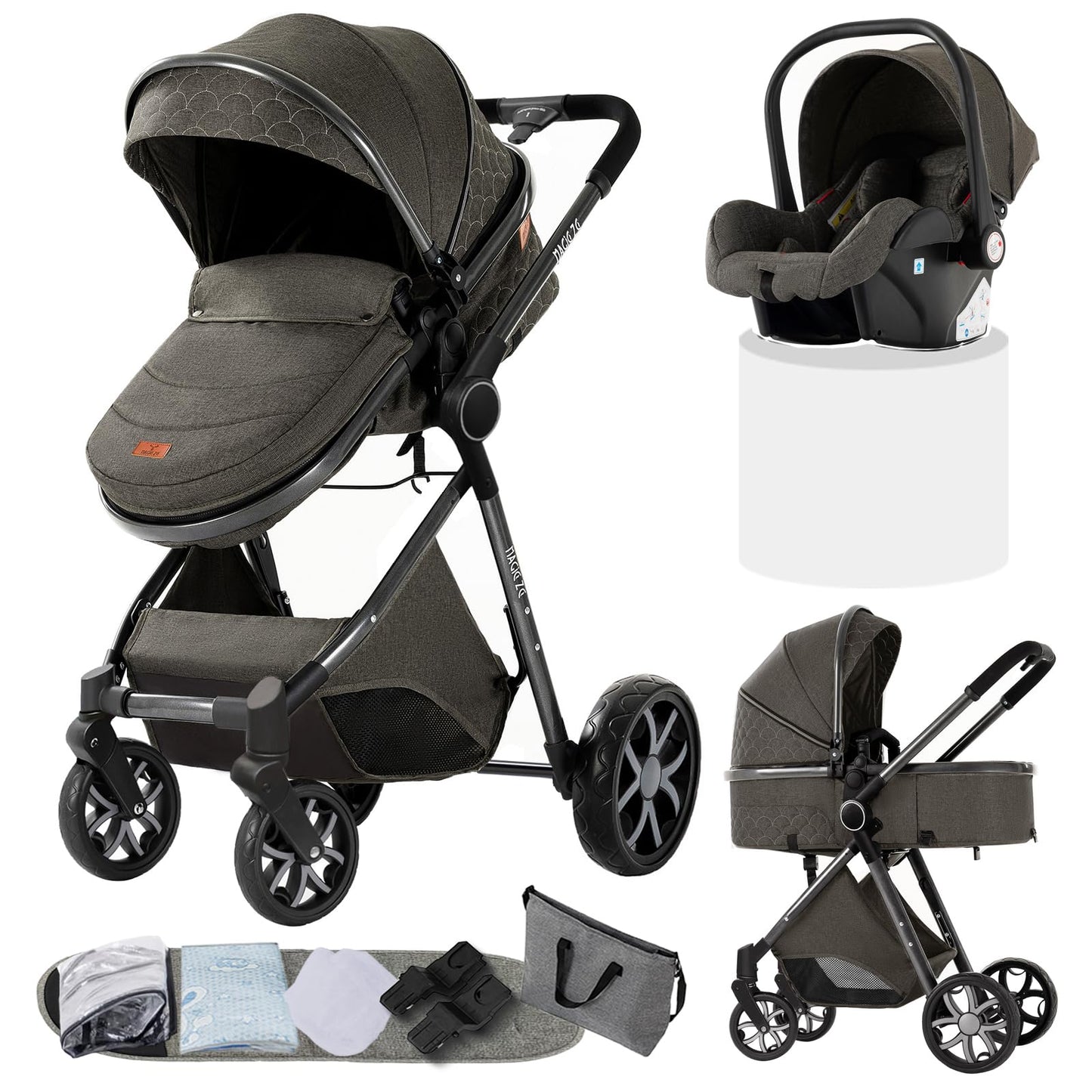 Doraystar 360° Rotation PU Leather Pushchair 3-in-1 Combination Pushchair 3-in-1 with Two Reversible Sliding Modes, Pushchair Complete Set with One-Click Folding Design, Aluminium Alloy Frame (906