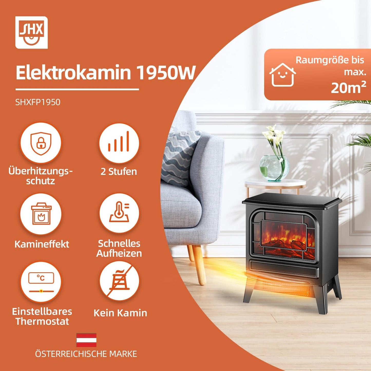 Electric Fireplace with Fan Heater, 1950 W, Electric Fireplace, Electric Heater, LED Fireplace Effect, Fireplace, Flame Effect, Heater, Oven, Quiet Adjustable, Black
