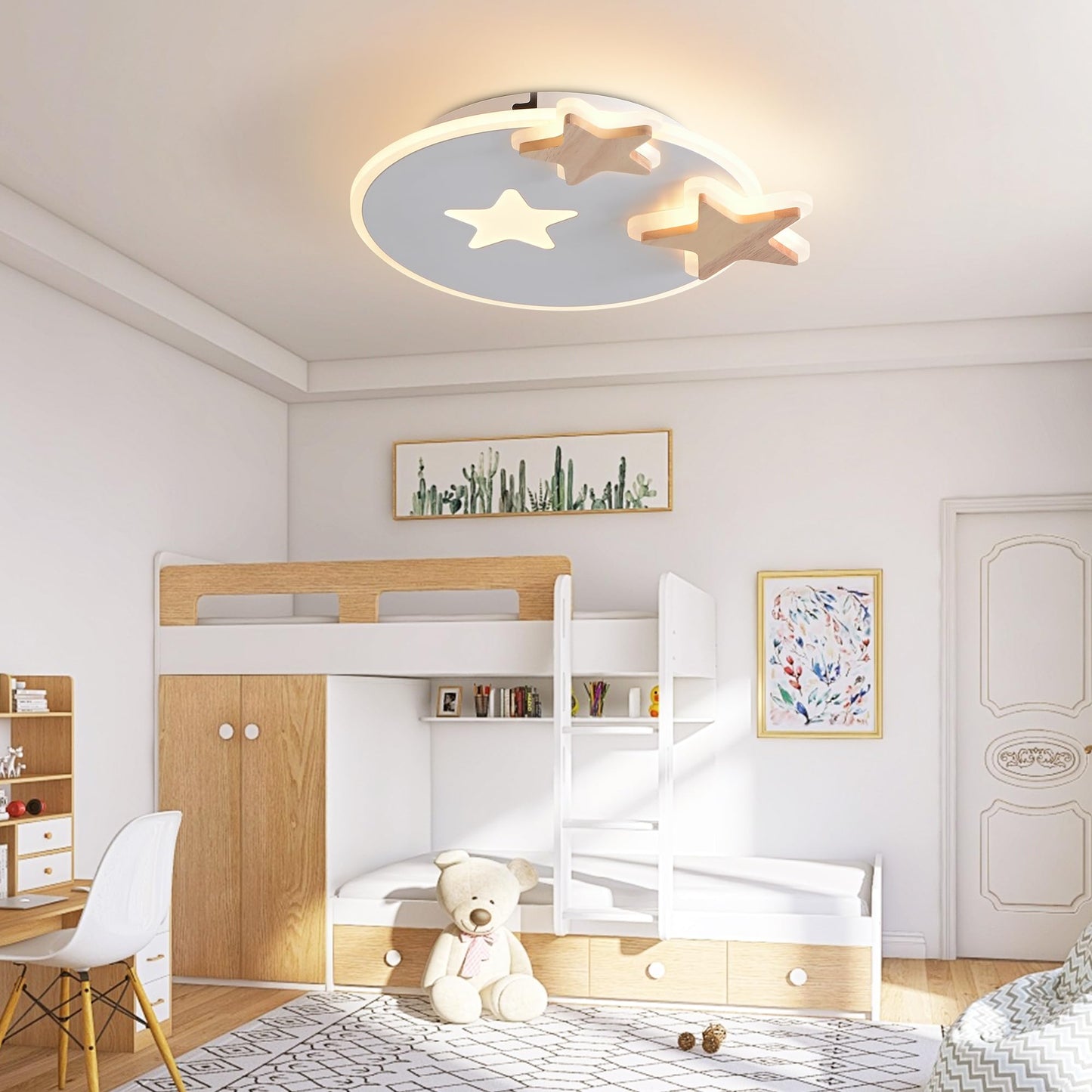 34 cm LED Ceiling Light Bedroom Wooden Children's Room Lamp Ceiling Star Children's Lamp Dimmable Ceiling Lamp for Children Lamp with Remote Control