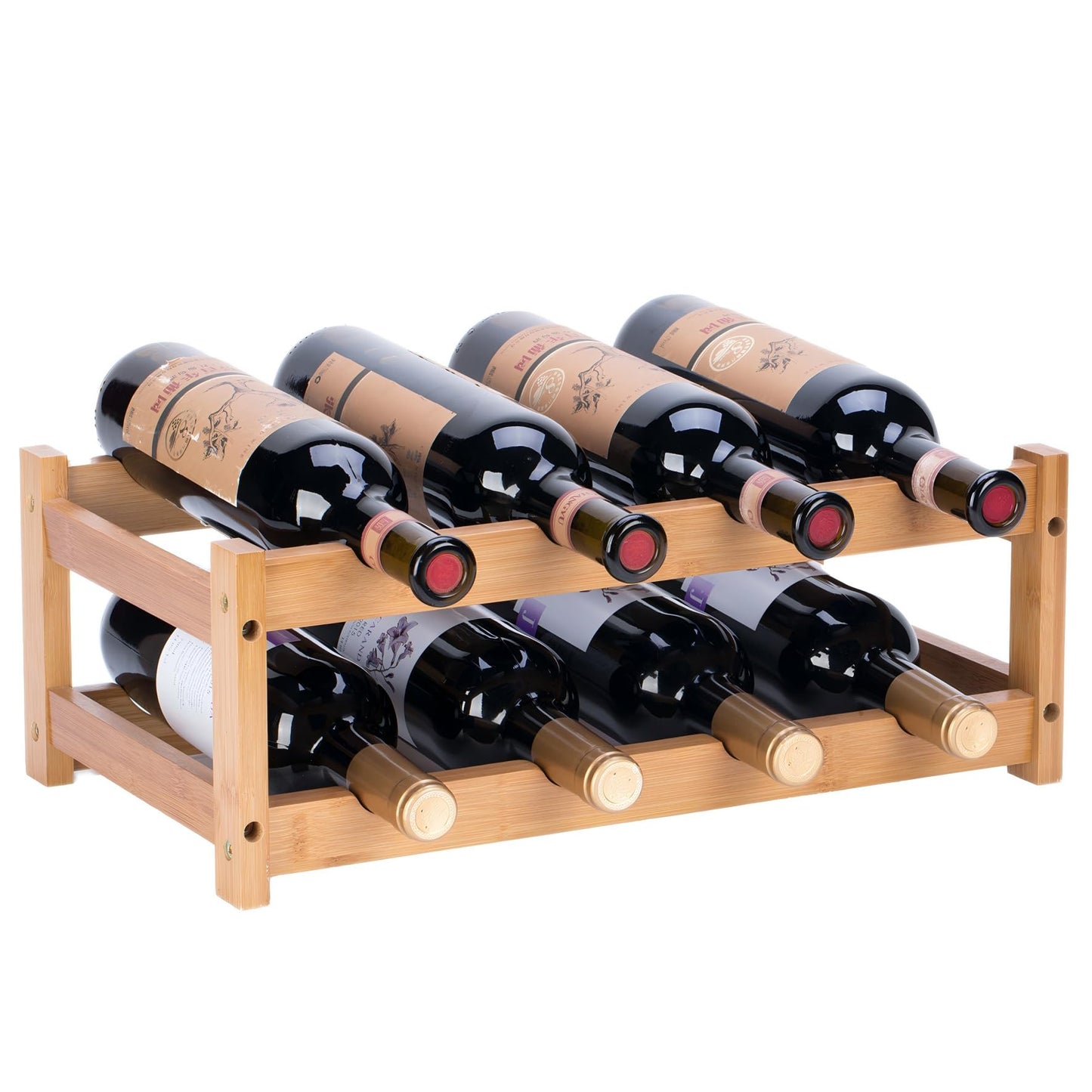 Wine Rack, Small Bottle Rack Storage Holder, Natural Bamboo Bottle Holder, Wine Bottle Shelf for Kitchen, Countertop, Cellar, Bar, Cabinet (2 Tiers, 8 Bottles)