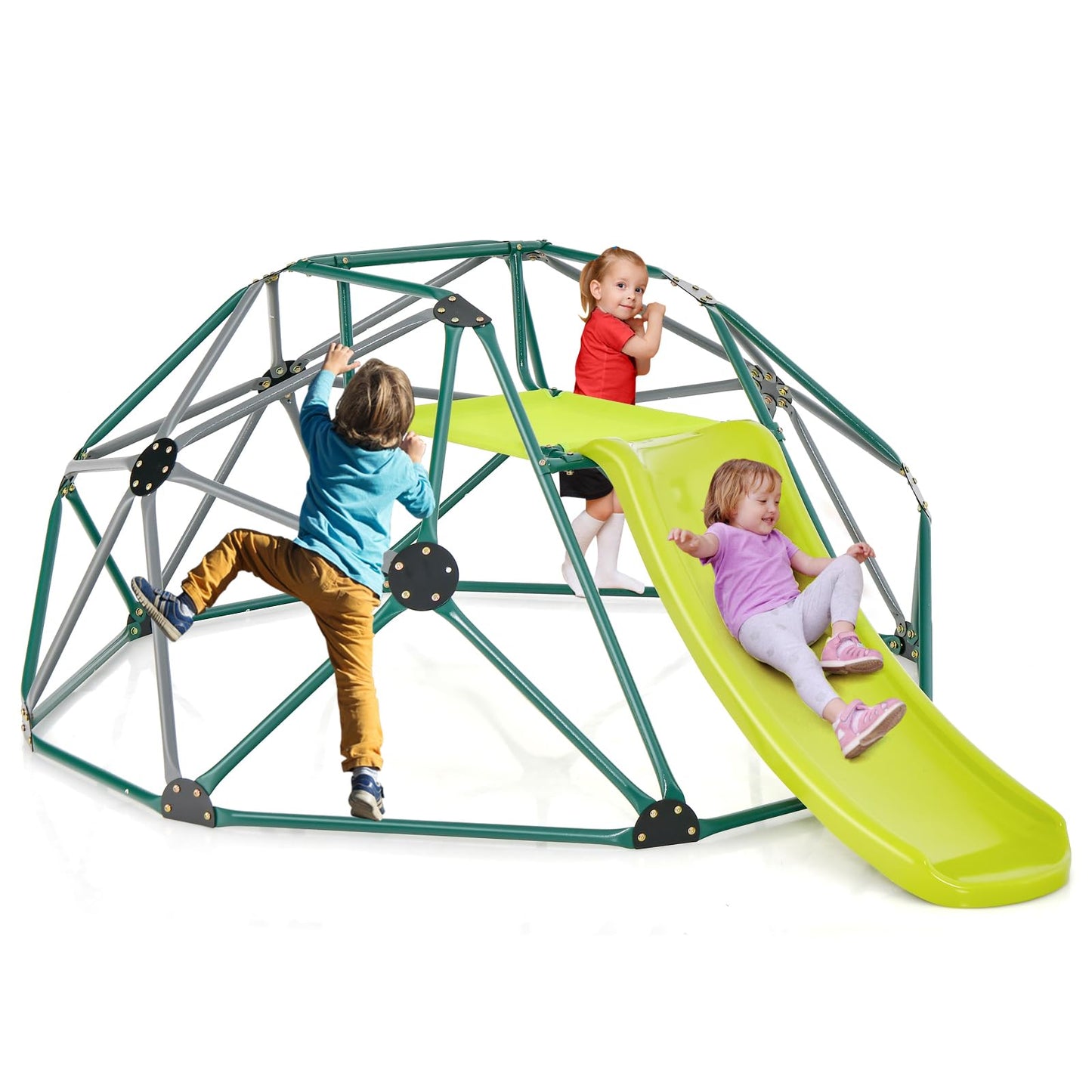 COSTWAY Climbing Dome with Slide, Dome Climbing Frame with Fabric Platform, 180 kg Load Capacity, Outdoor & Indoor Playground for 3-10 Years, Ideal for Gym, Backyard, Garden