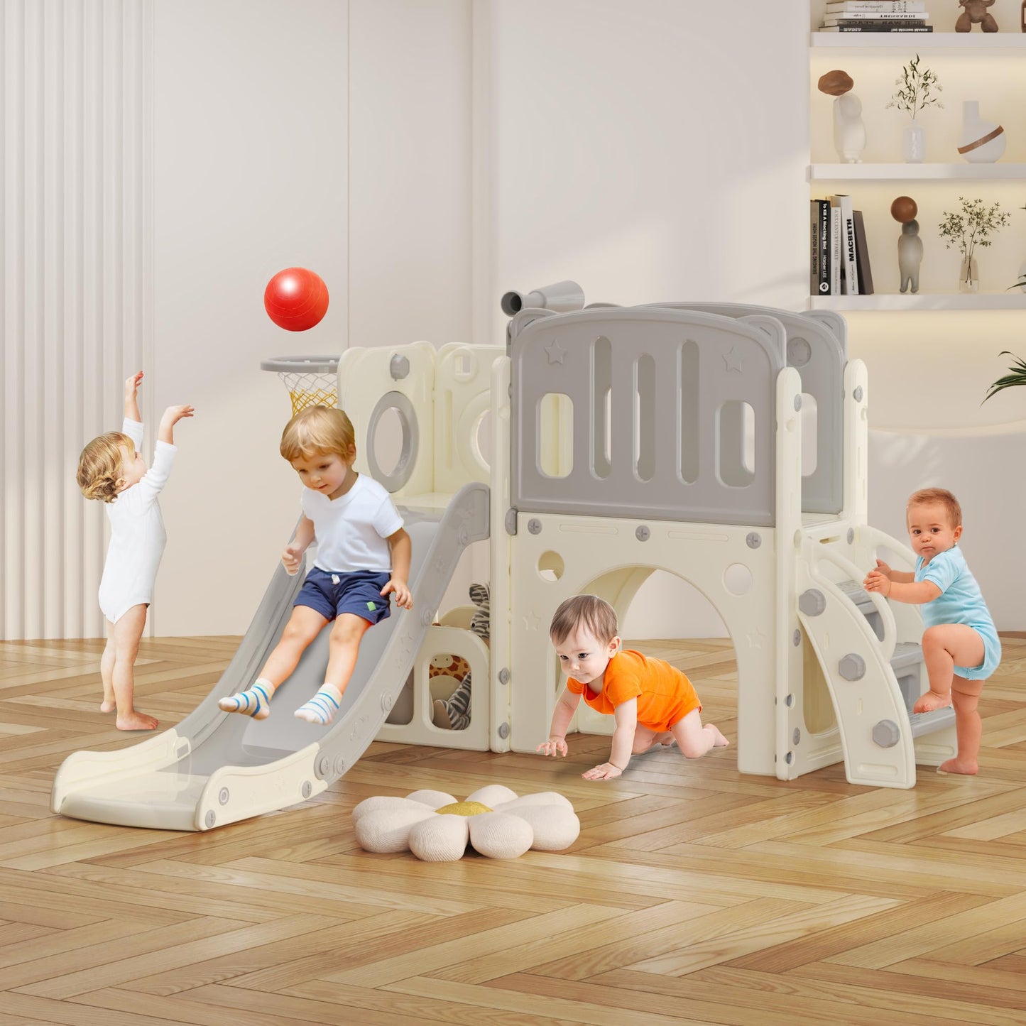 hoopyosms Kids Slide with Climbing Frame, Basketball Hoop and Tunnel, Indoor Plastic Slide Set for Kids, Montessori Toy for Playground, Grey