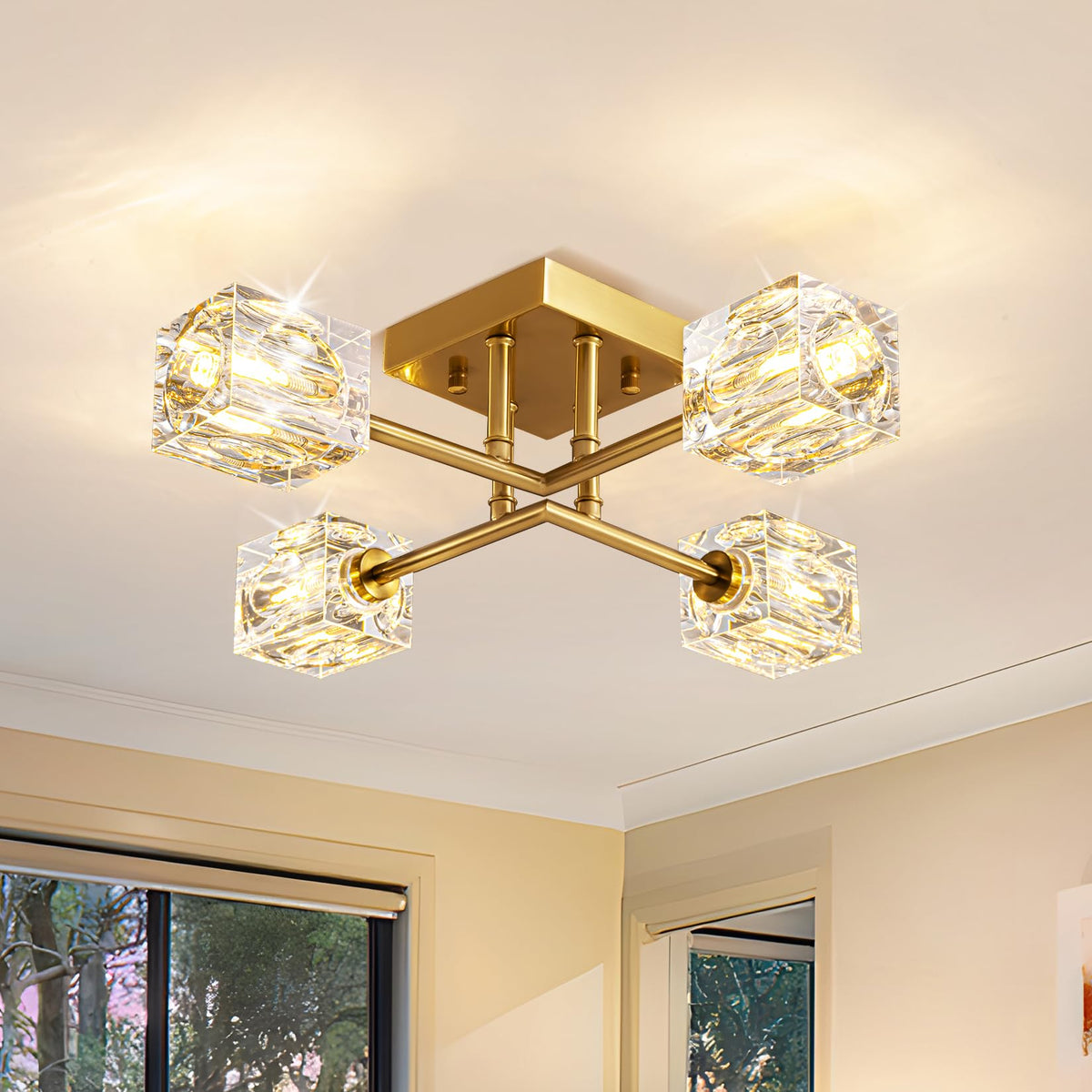Modern Kistall Semi-Flush Ceiling Light Living Room, 8 Lights, Gold Crystal Chandelier, Semi-Flush Crystal Chandelier, Luxury Ceiling Light for Bedroom, Dining Room