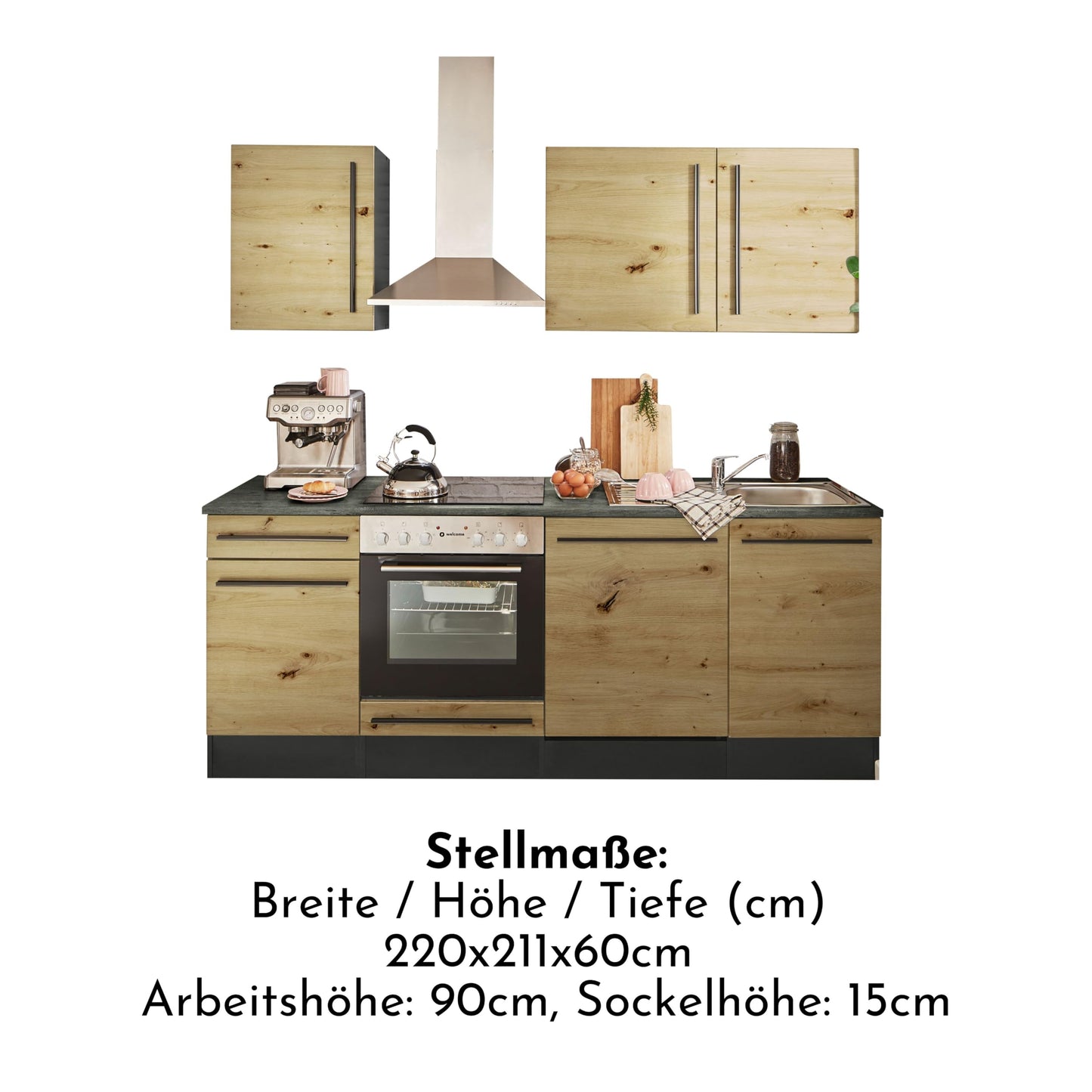 Jazz 8 Modern Kitchen Unit without Electrical Appliances in Anthracite, Artisan Oak Look, Spacious Fitted Kitchen with Lots of Storage Space, 220 x 211 x 60 cm (W x H x D)